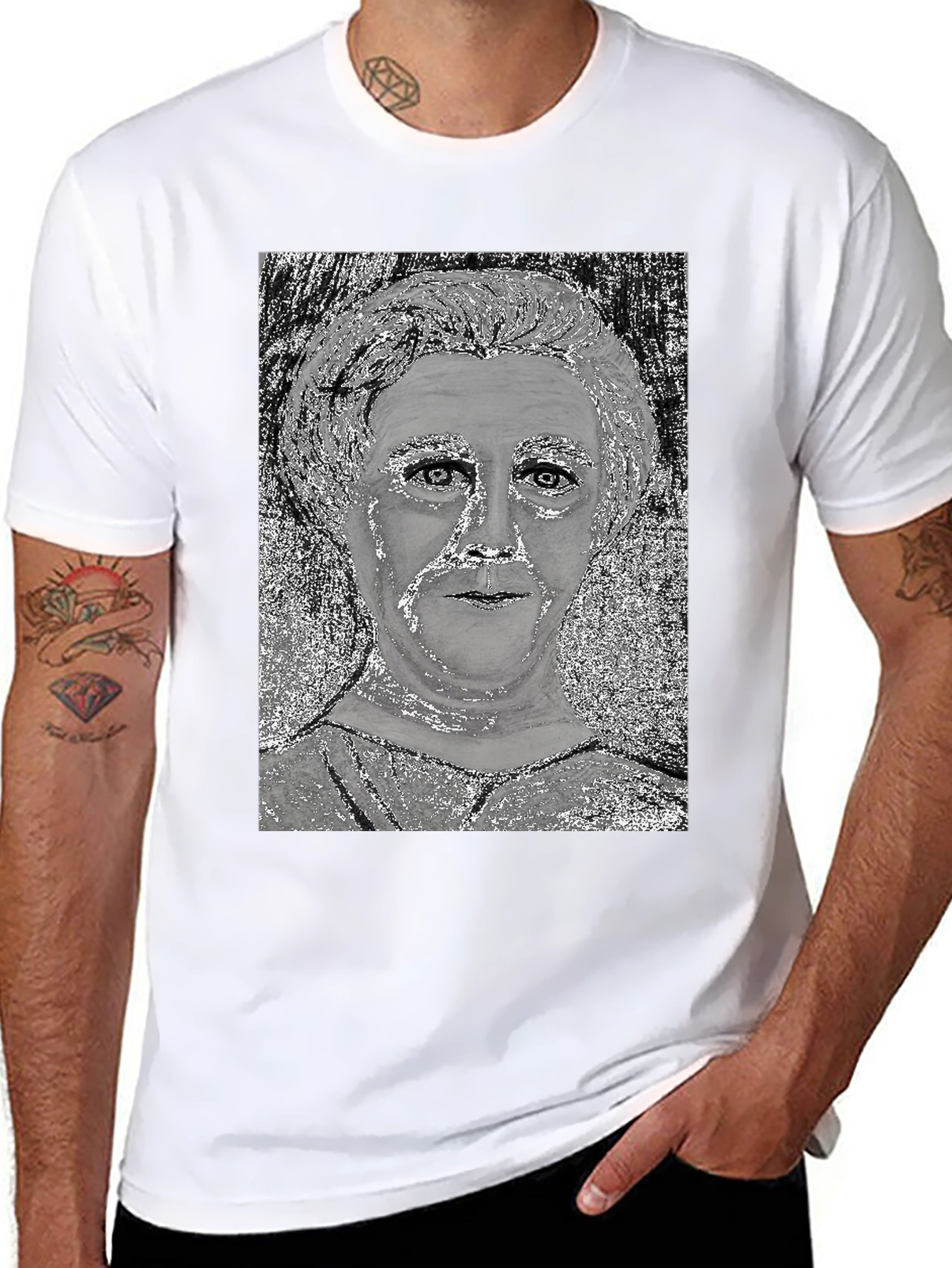 Black Unique Graphic Tee - Silver Portrait Design view 8