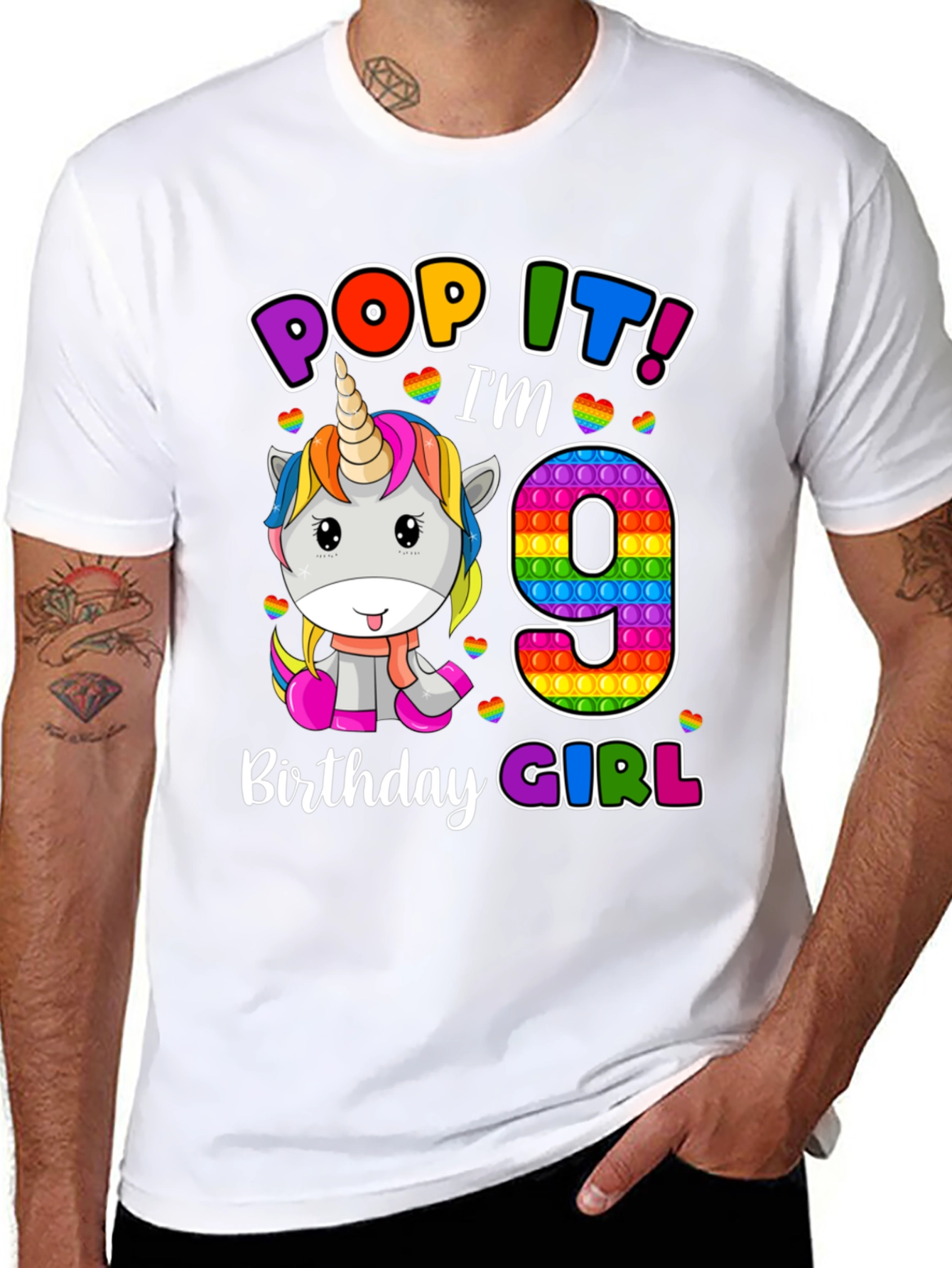 Black Pop It! I'm 9 Birthday Girl T-Shirt Unicorn view 8