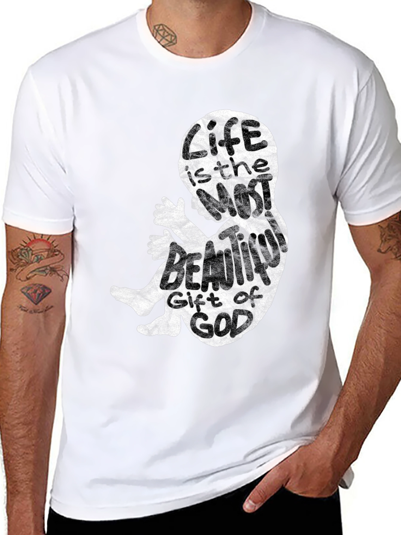 Black Pro-Life Fetus Graphic Tee - Life is Beautiful Cotton T-Shirt view 8
