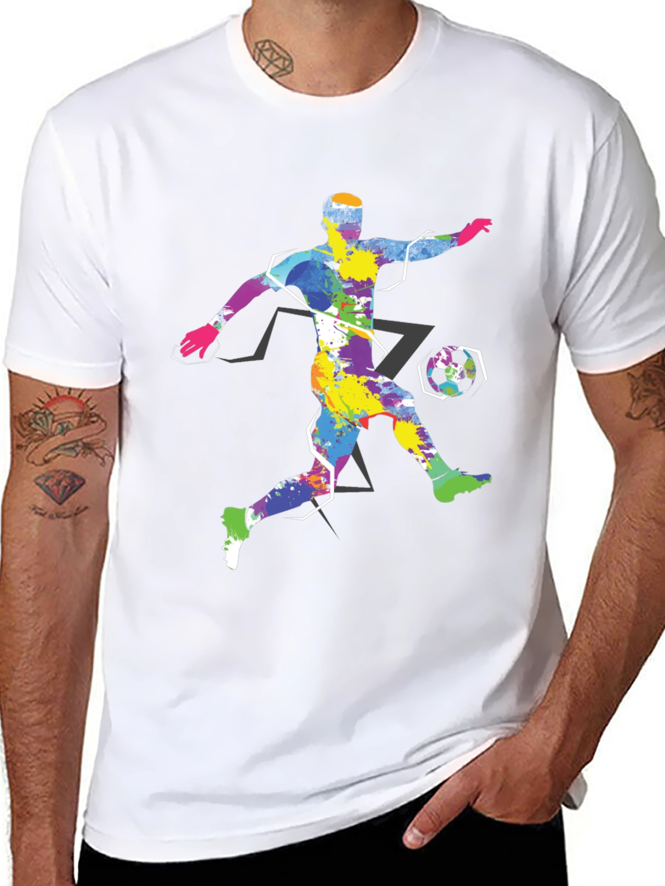 Black Colorful Soccer Player Graphic Tee - Black Cotton Shirt view 8