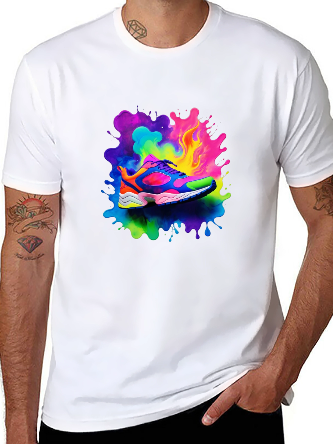 Black Men's Black T-Shirt with Colorful Shoe Design view 8
