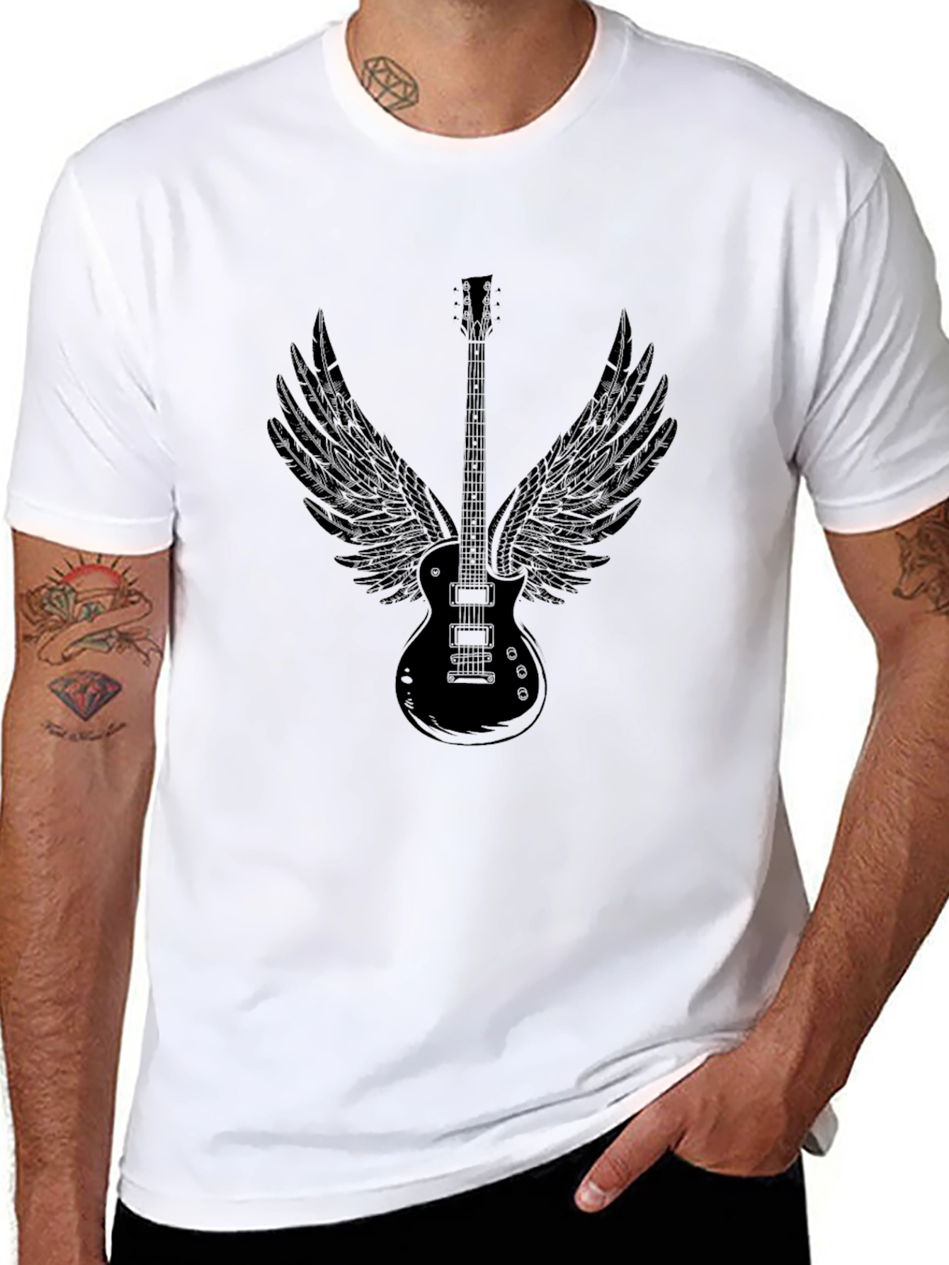 Black Guitar Wings Graphic Black T-Shirt view 8