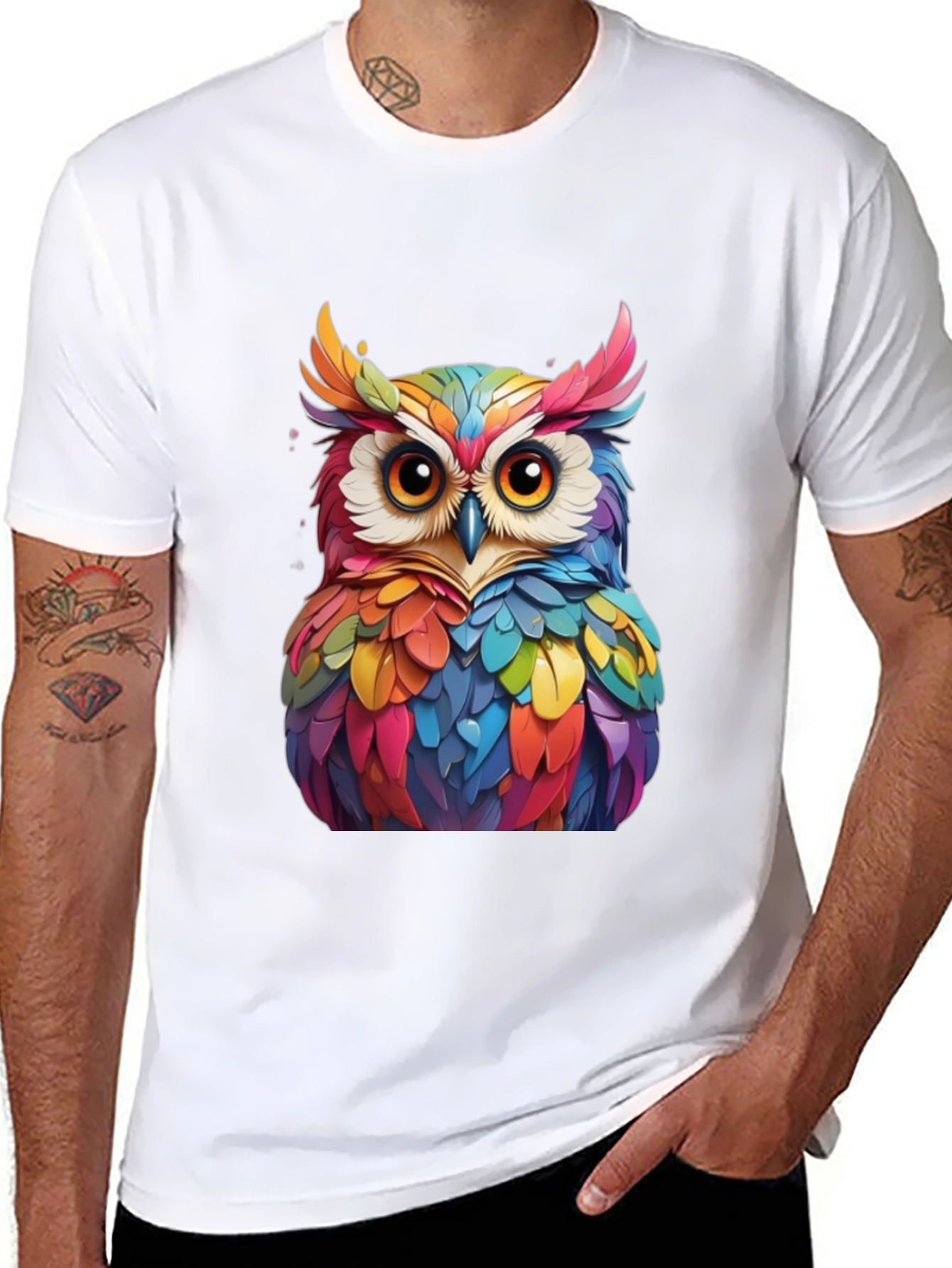 Black Colorful Owl Graphic Print Black T-Shirt view 8