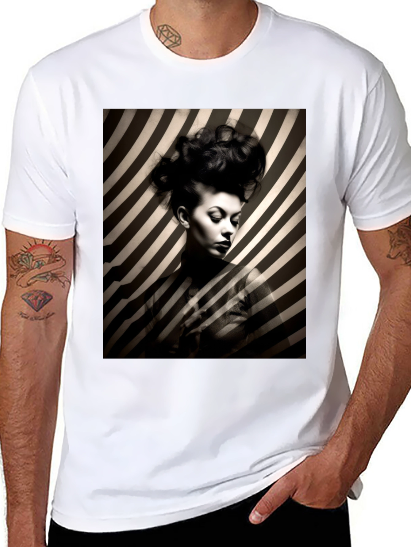 Black Striking Striped Portrait Graphic Tee - Bold Style view 8