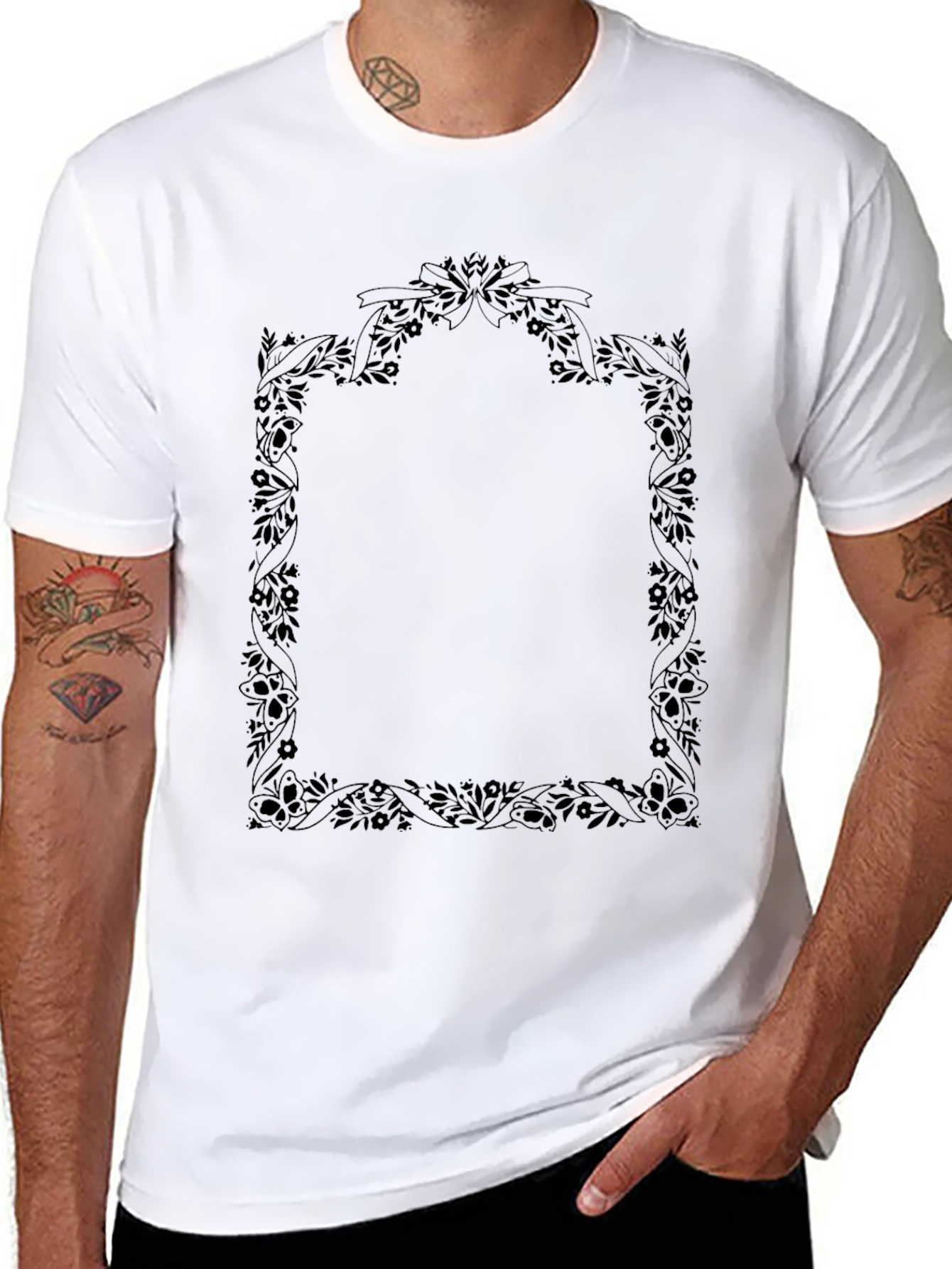 Black Floral Frame Black T-Shirt view 8