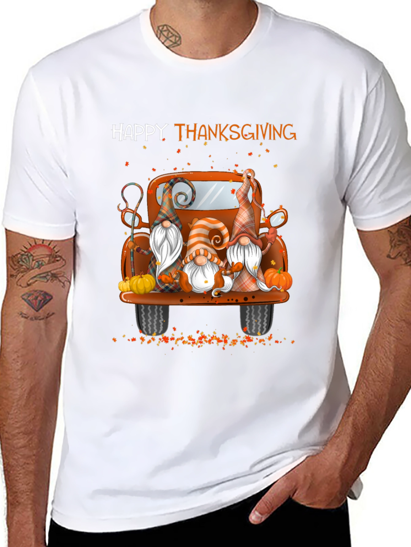 Black Happy Thanksgiving Gnomes Truck T-Shirt view 8