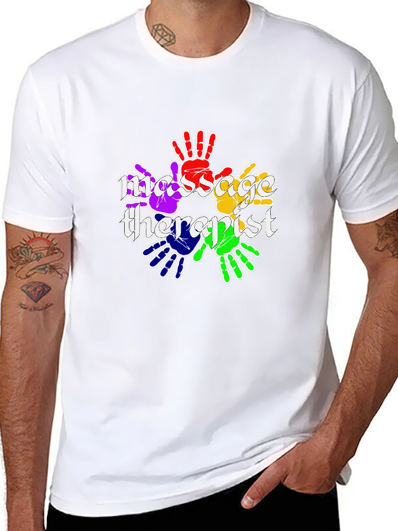 Black Massage Therapist Rainbow Handprint T-Shirt view 8