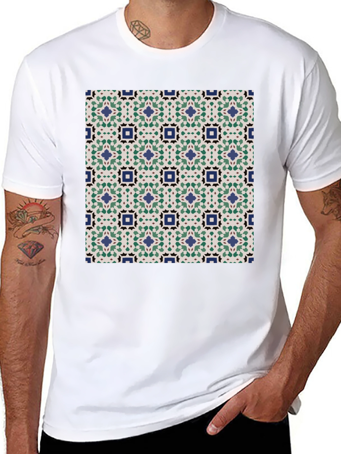 Black Patterned T-Shirt: Geometric Design view 8