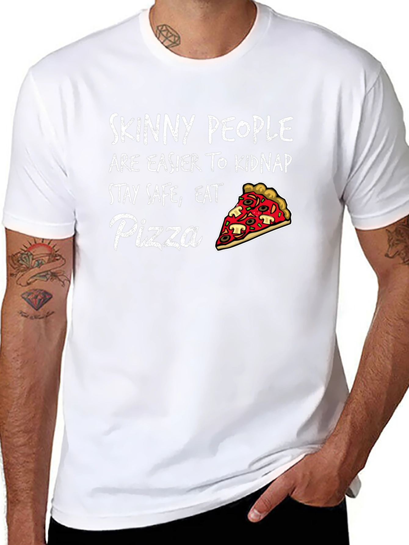 Black Skinny People Pizza Graphic Tee - Eat Pizza Stay Safe T-Shirt view 8