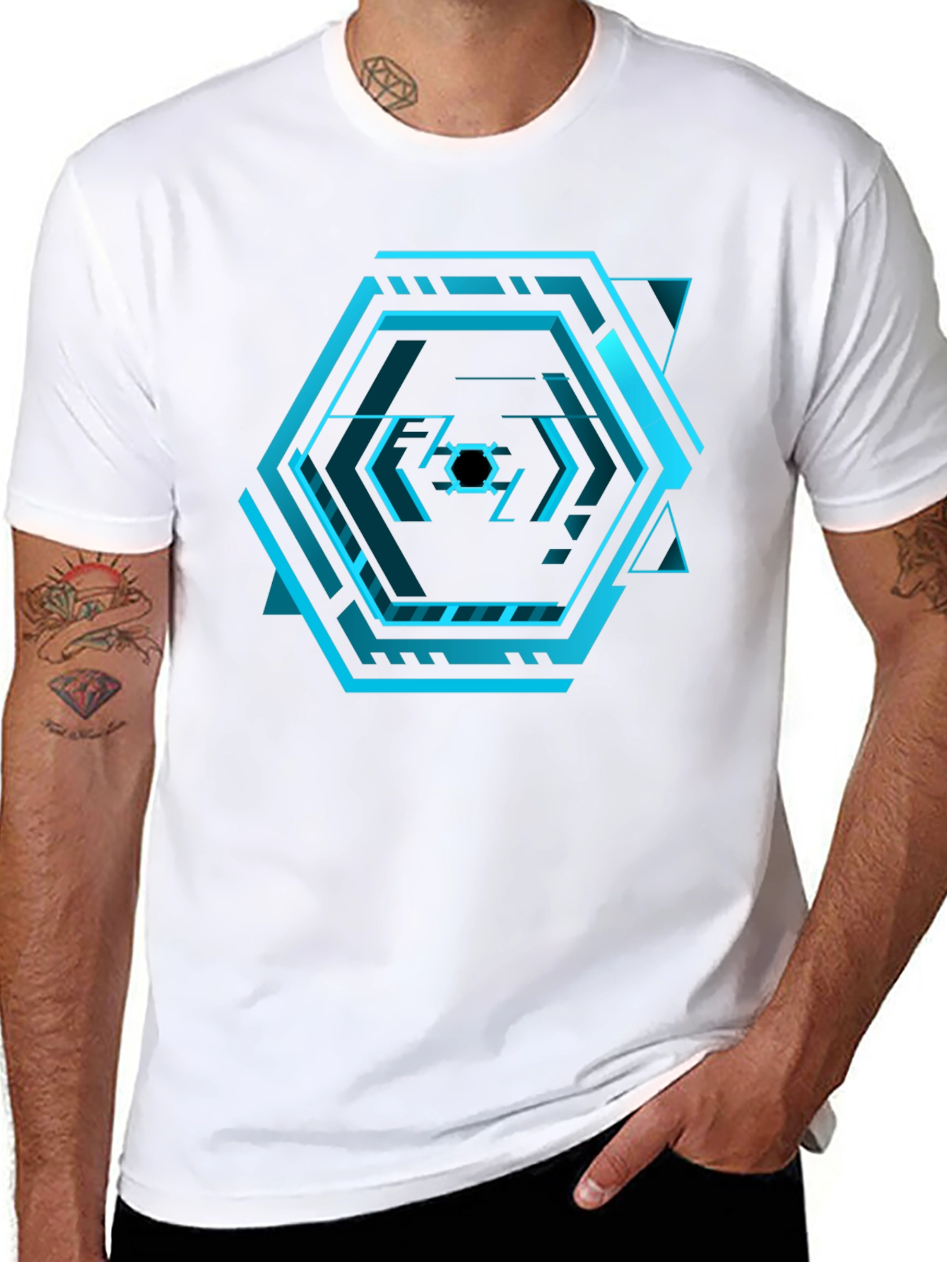 Black Cyberpunk Hexagon Black T-Shirt - Futuristic Design view 8