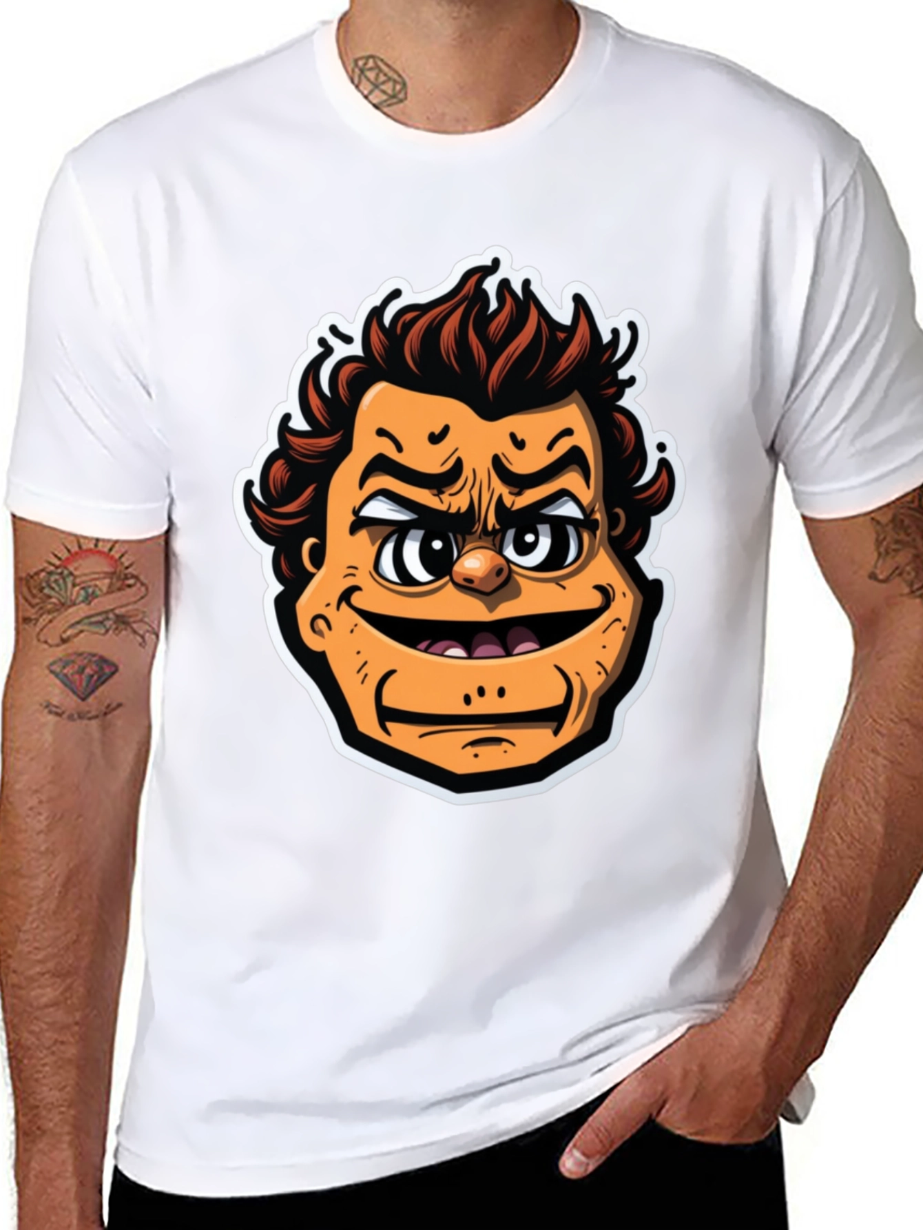 Black Cartoon Face Graphic Tee - Black Crew Neck T-Shirt view 8