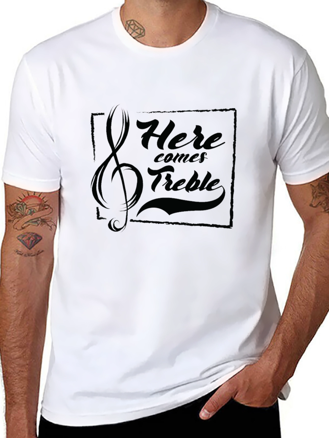 Black Here Comes Treble Music T-Shirt view 8
