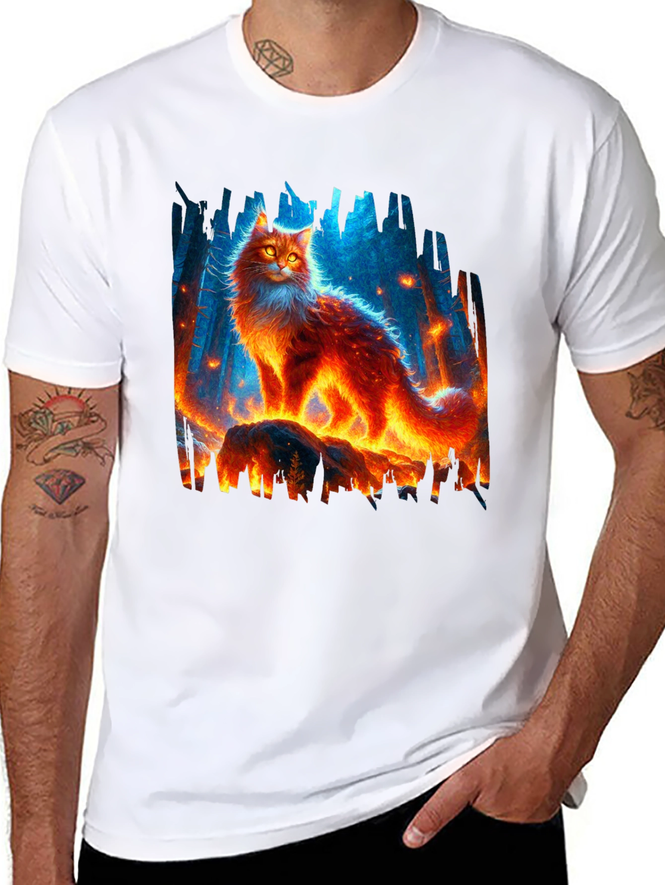 Black Fiery Cat Graphic Tee - Unique Design view 8
