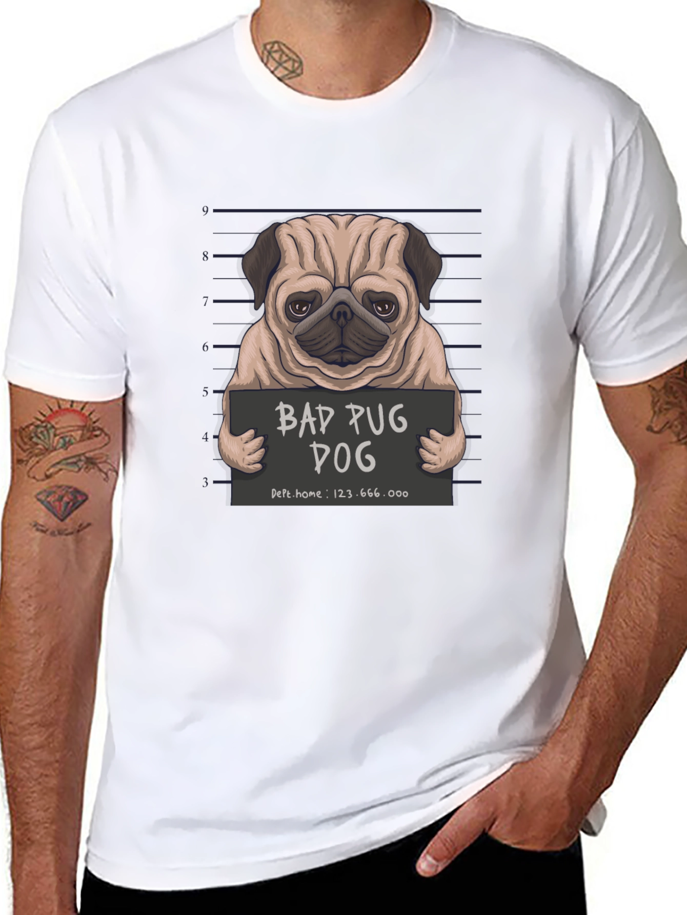 Black Bad Pug Dog T-Shirt - Funny Mugshot Design view 8