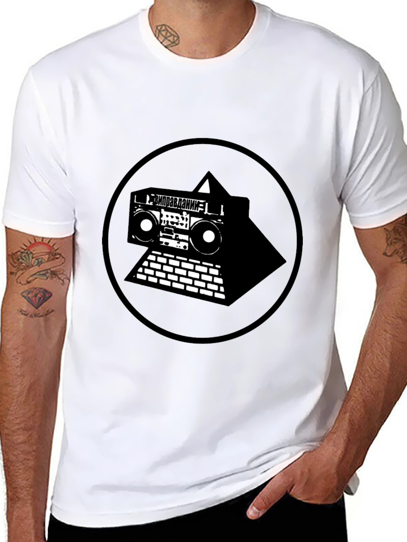 Black Black Graphic Tee with Boombox Pyramid Design view 8