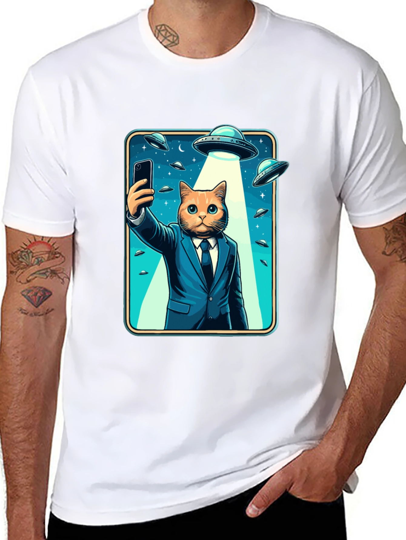 Black Cat in Suit UFO Selfie Graphic T-Shirt view 8