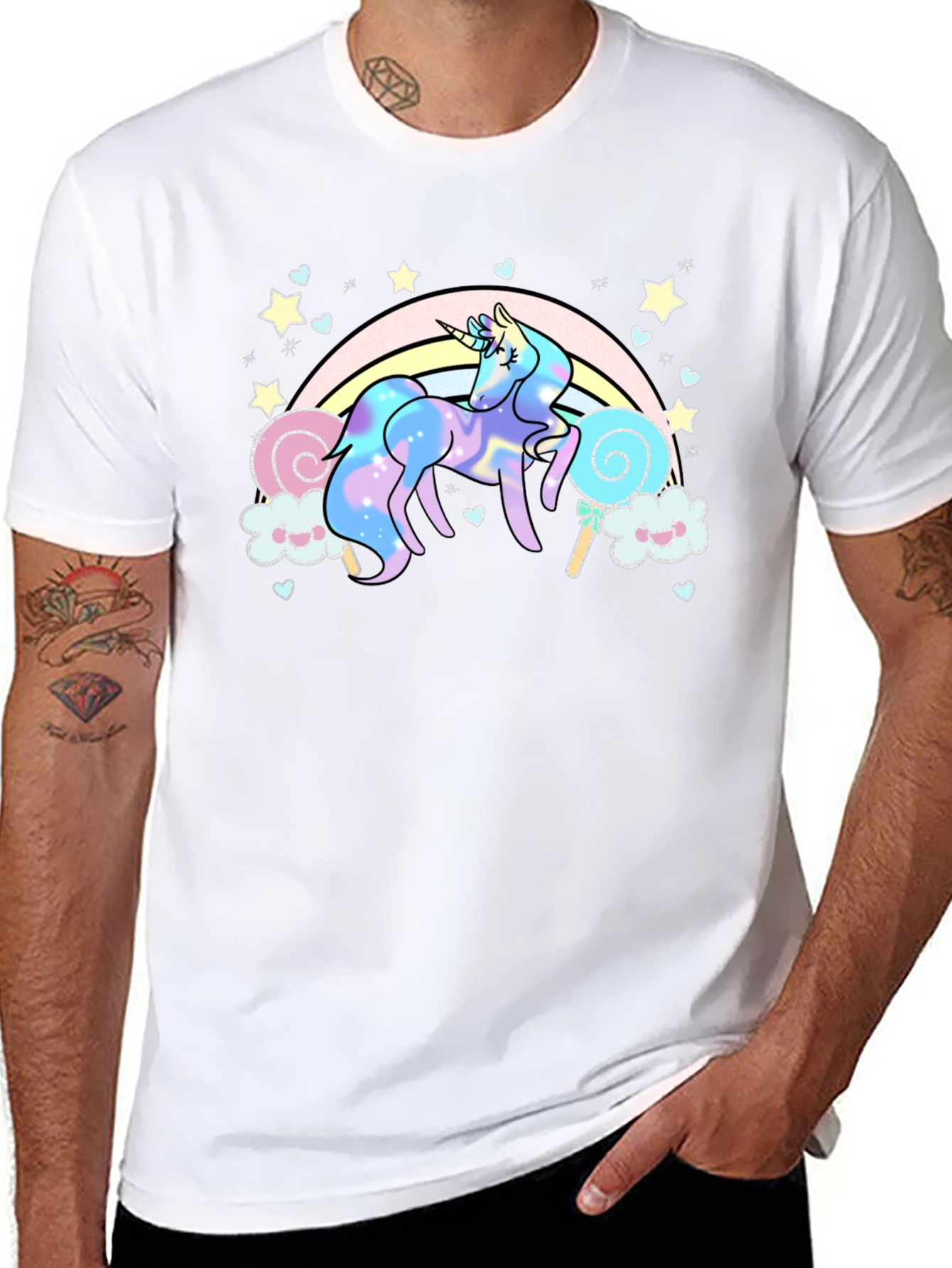Black Unicorn Rainbow T-Shirt, Black Cotton Tee view 8