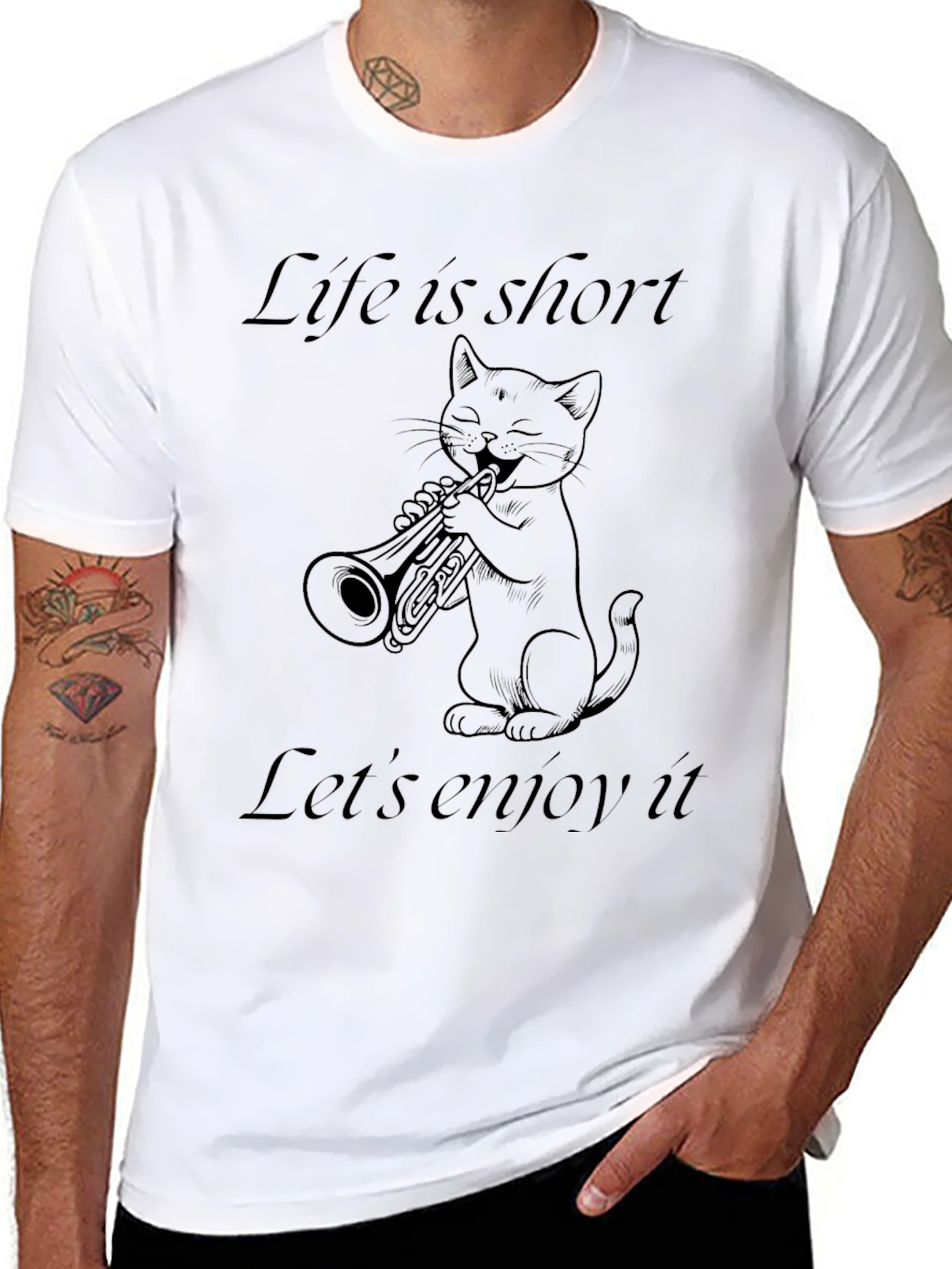 Black Life Is Short Cat Trumpet T-Shirt view 8