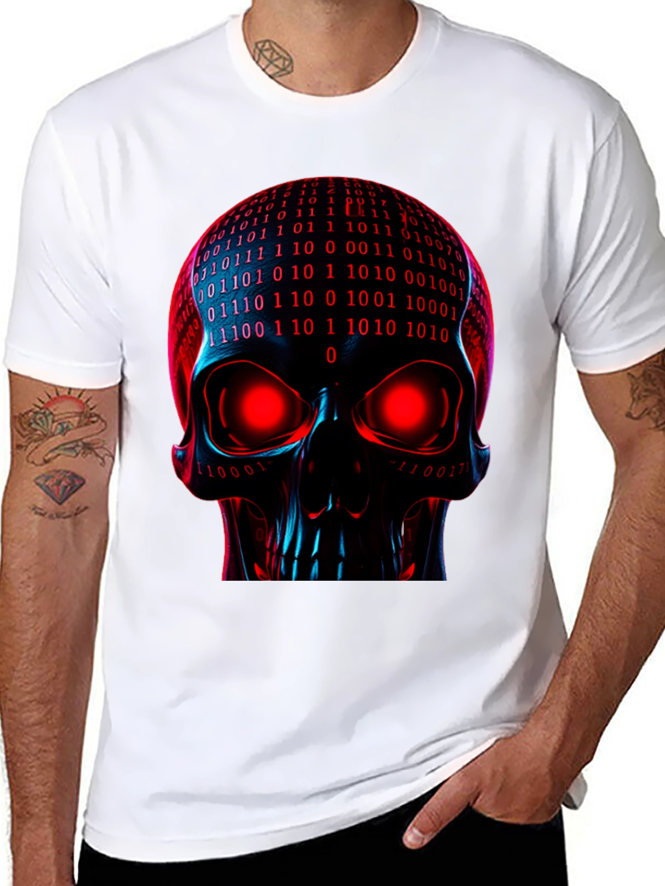 Black Cyber Skull Graphic Tee - Binary Code Skull view 8