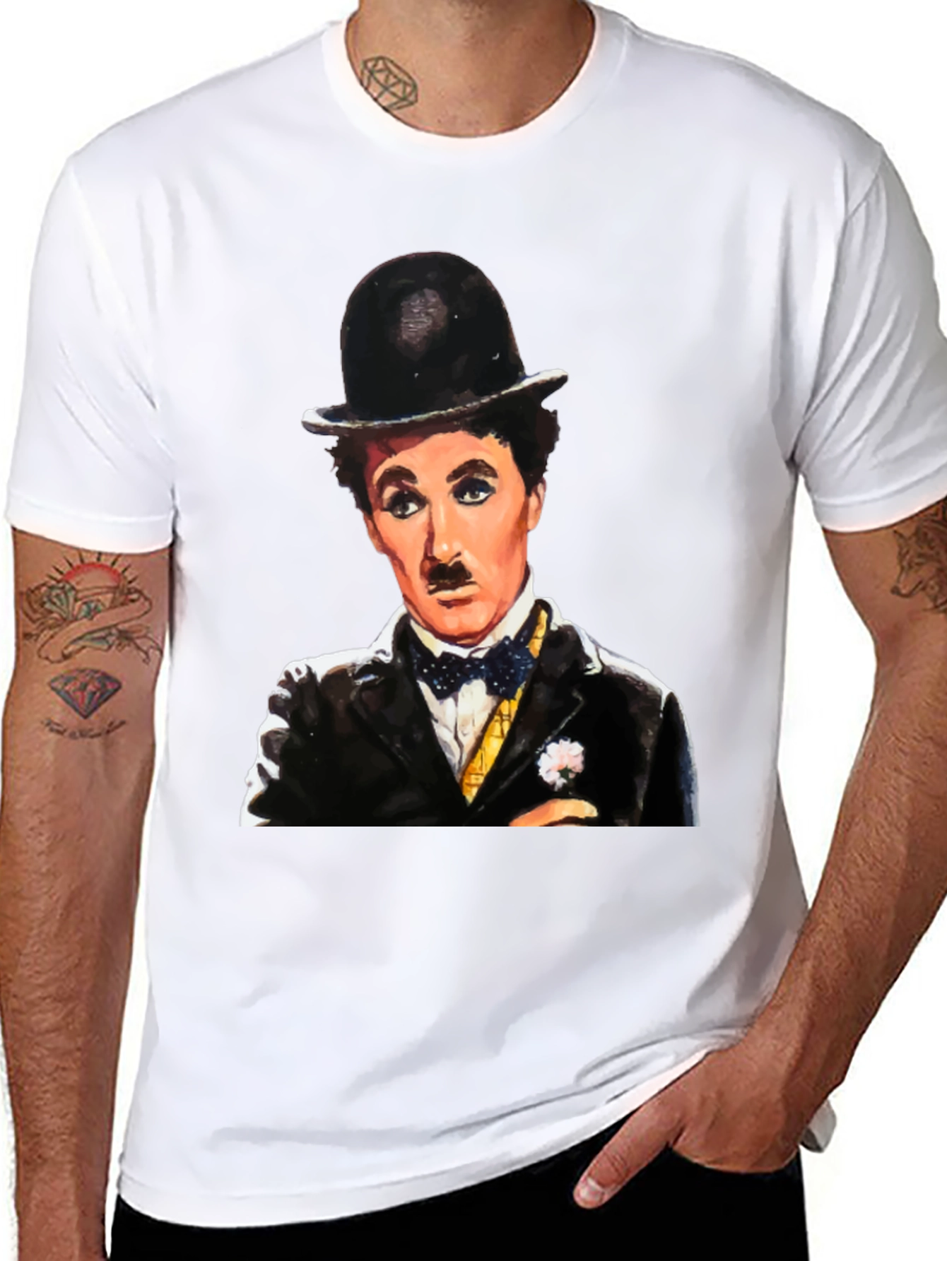 Black Charlie Chaplin Graphic Tee - Classic Film Icon T-Shirt view 8