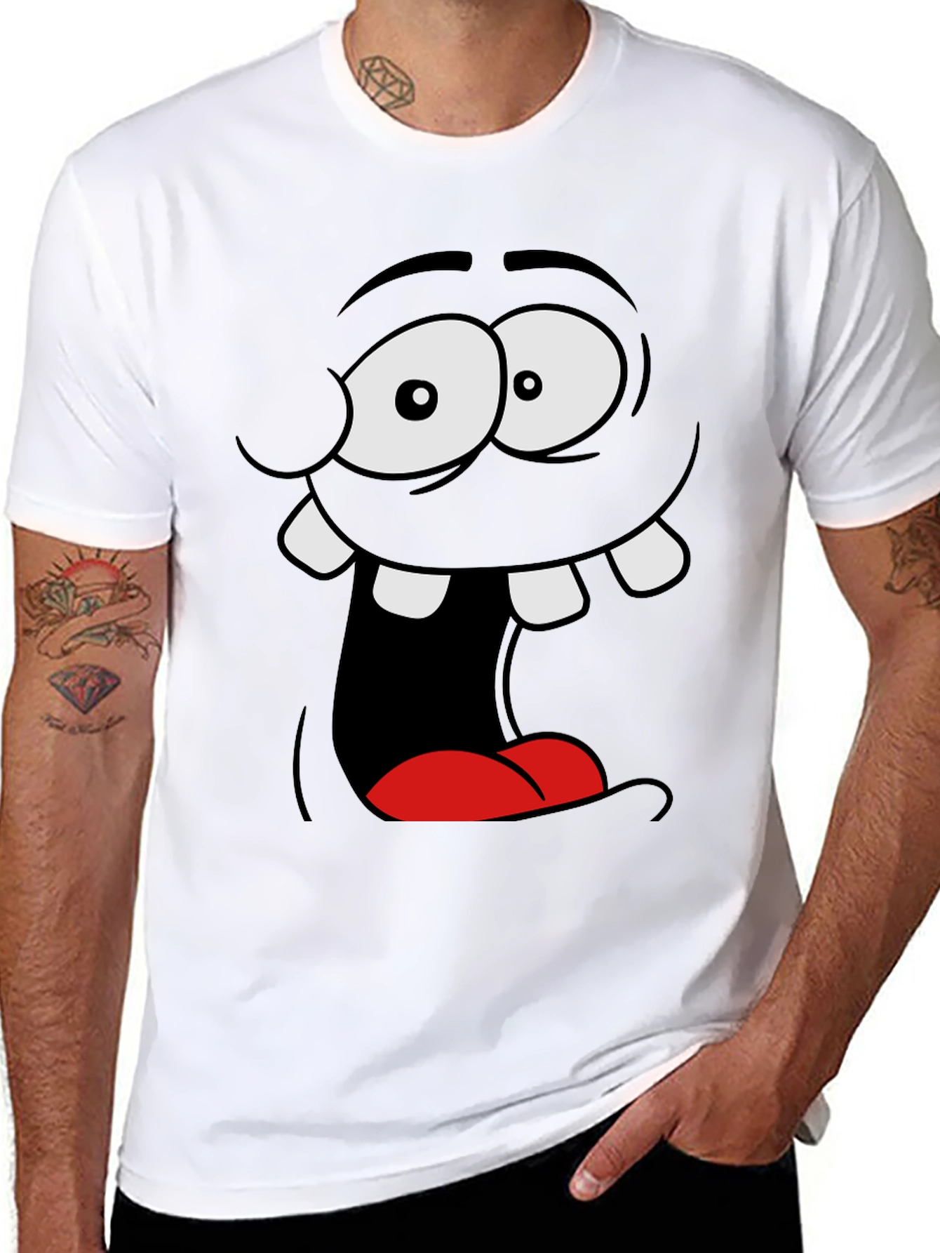 Black Funny Cartoon Face Black Graphic Tee view 8