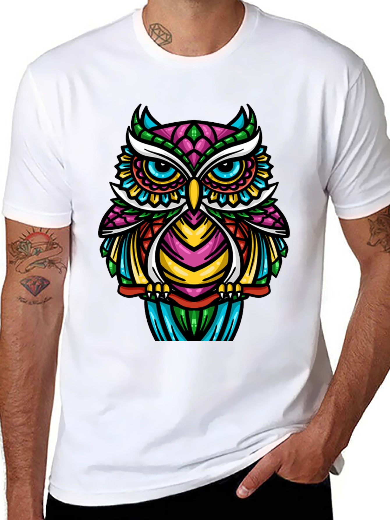 Black Colorful Owl Graphic T-Shirt - Unique Design view 8