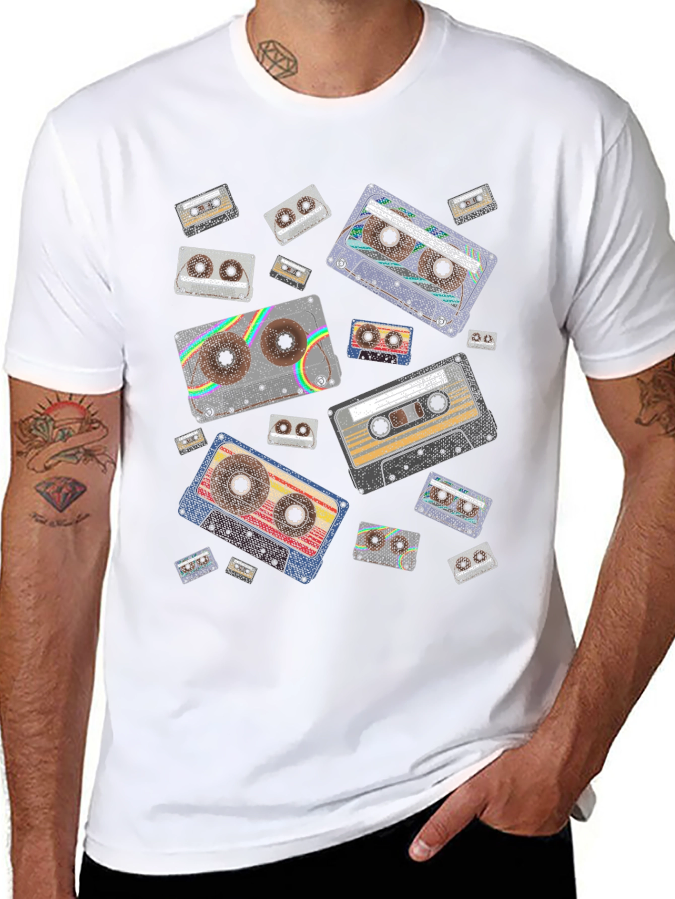 Black Retro Cassette Tape Pattern Black T-Shirt view 8