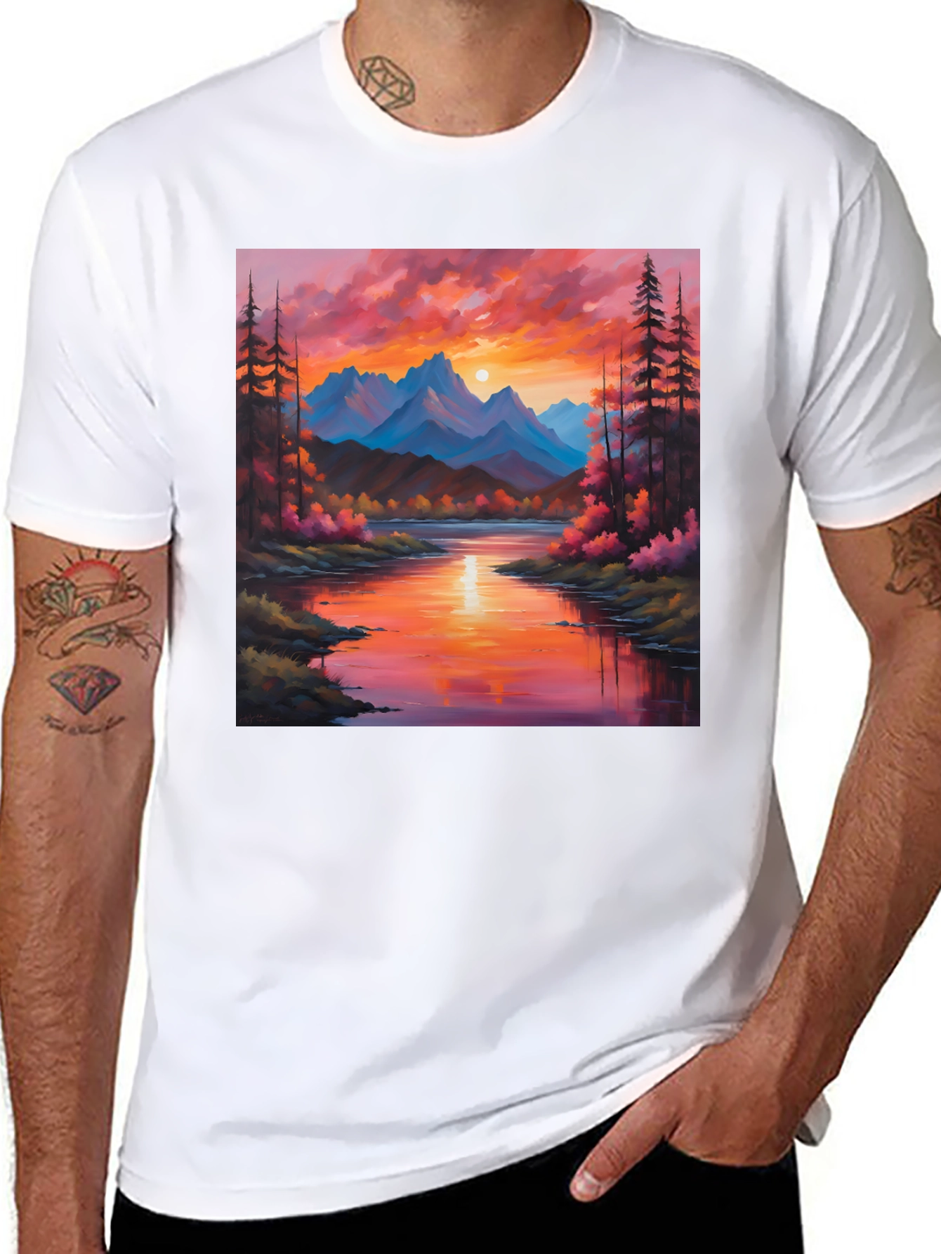 Black Sunset Mountain River Painting Graphic Tee view 8