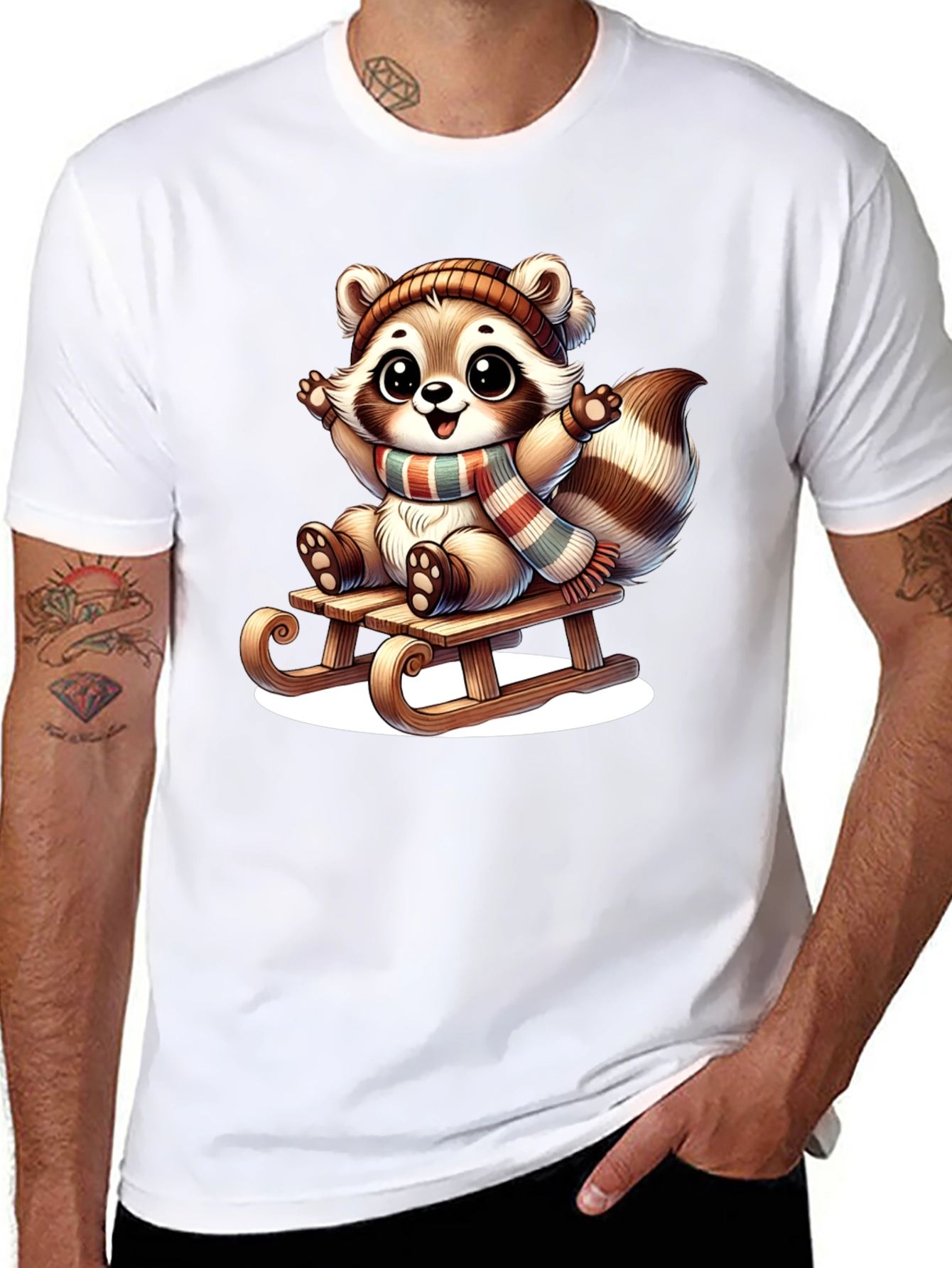 Black Cute Raccoon Sledding Graphic Tee view 8