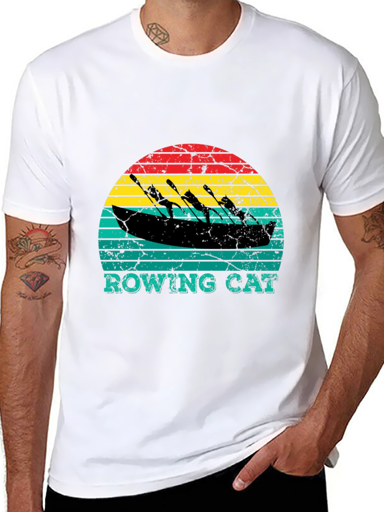 Black Rowing Cat T-Shirt - Vintage Style Tee view 8