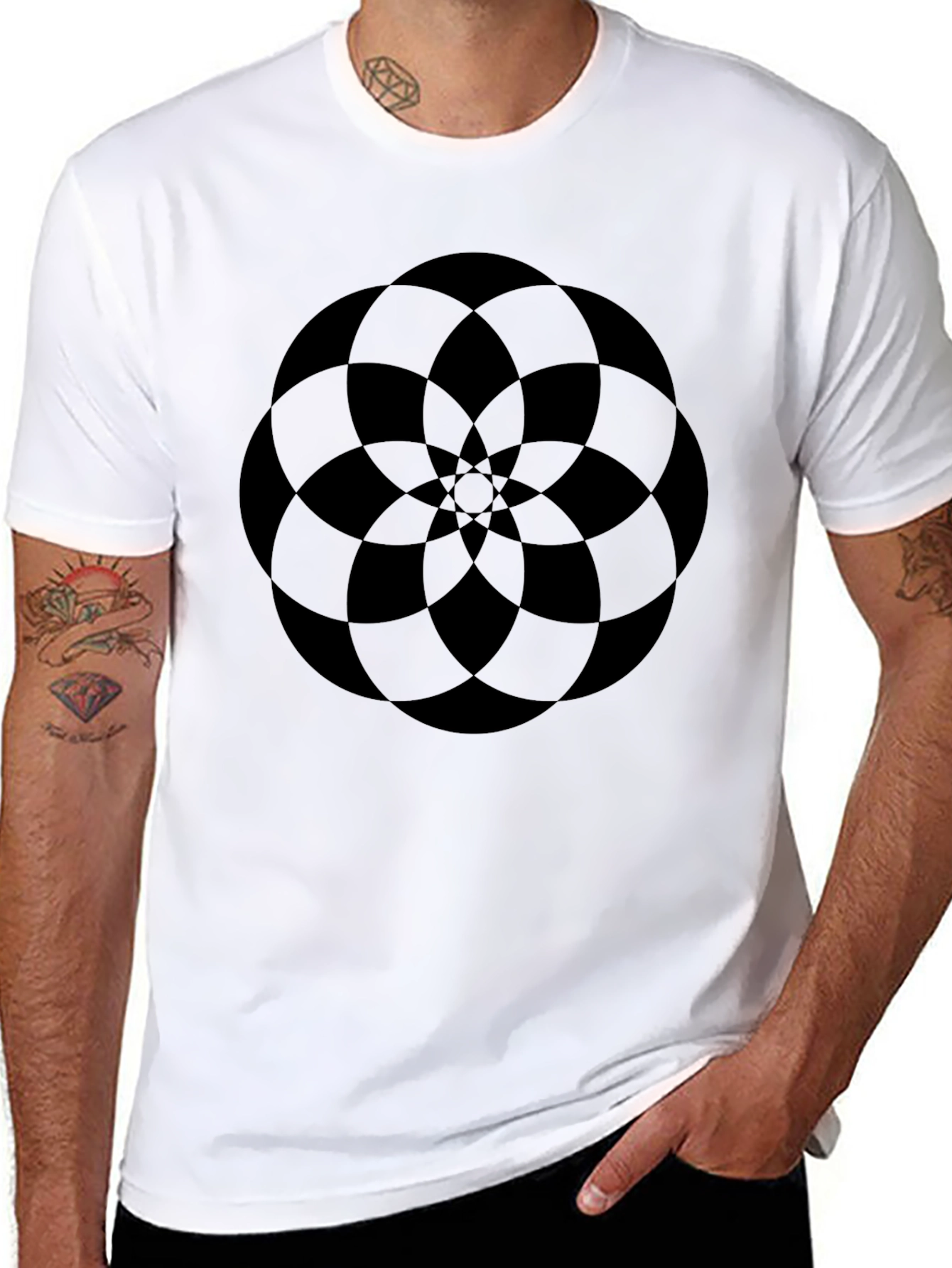 Black Abstract Geometric Flower Design Black T-Shirt view 8