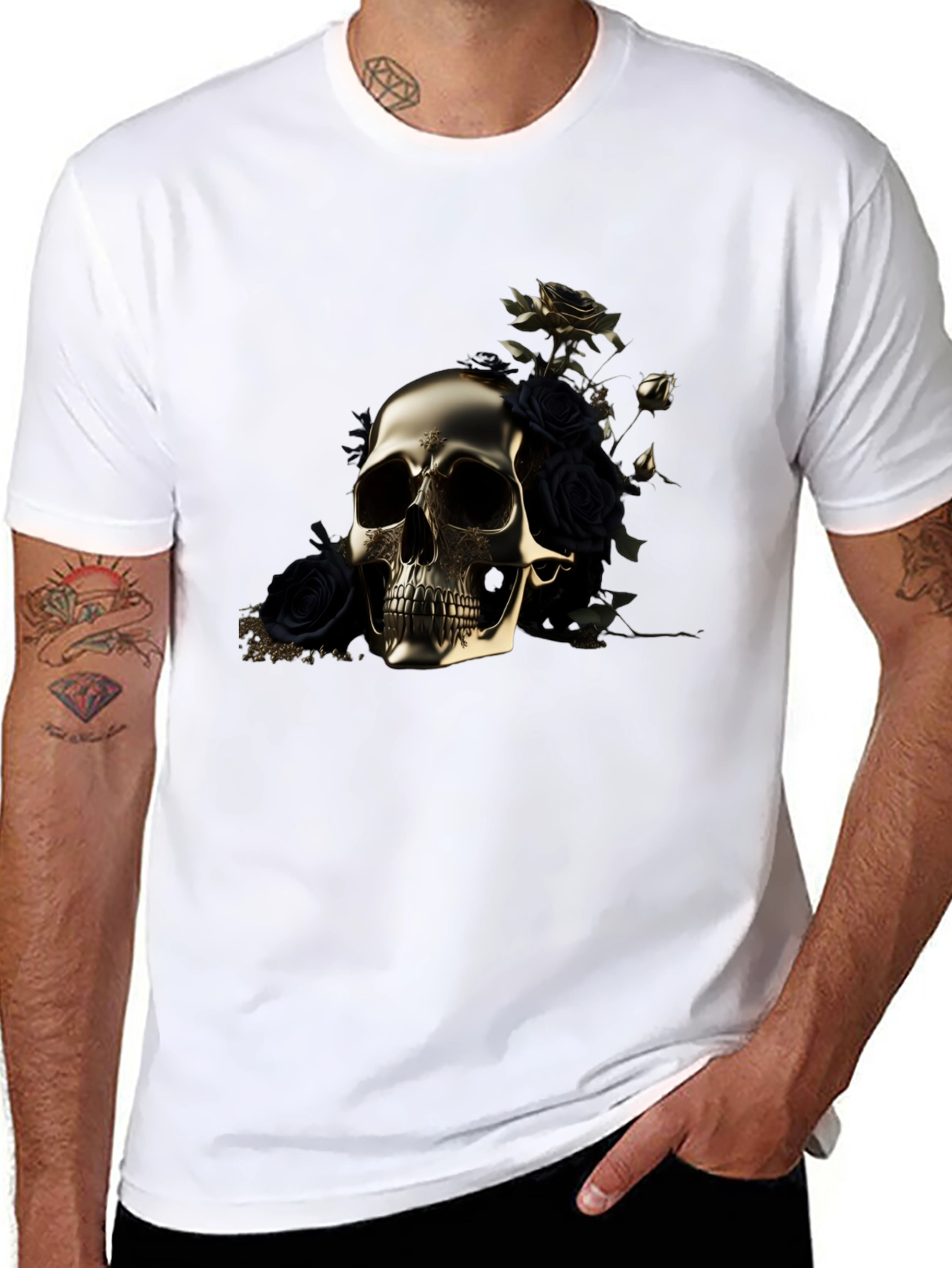 Black Golden Skull & Roses Graphic Tee view 8