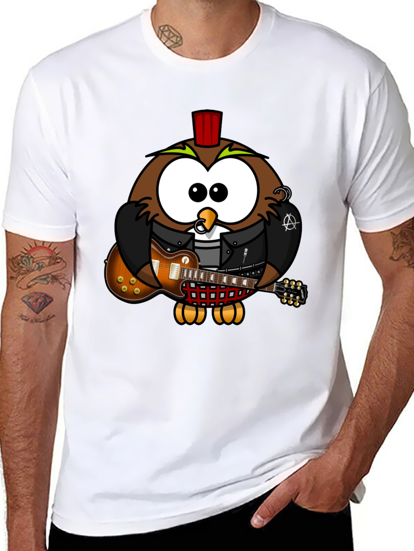 Black Cool Owl Guitarist Graphic T-Shirt view 8