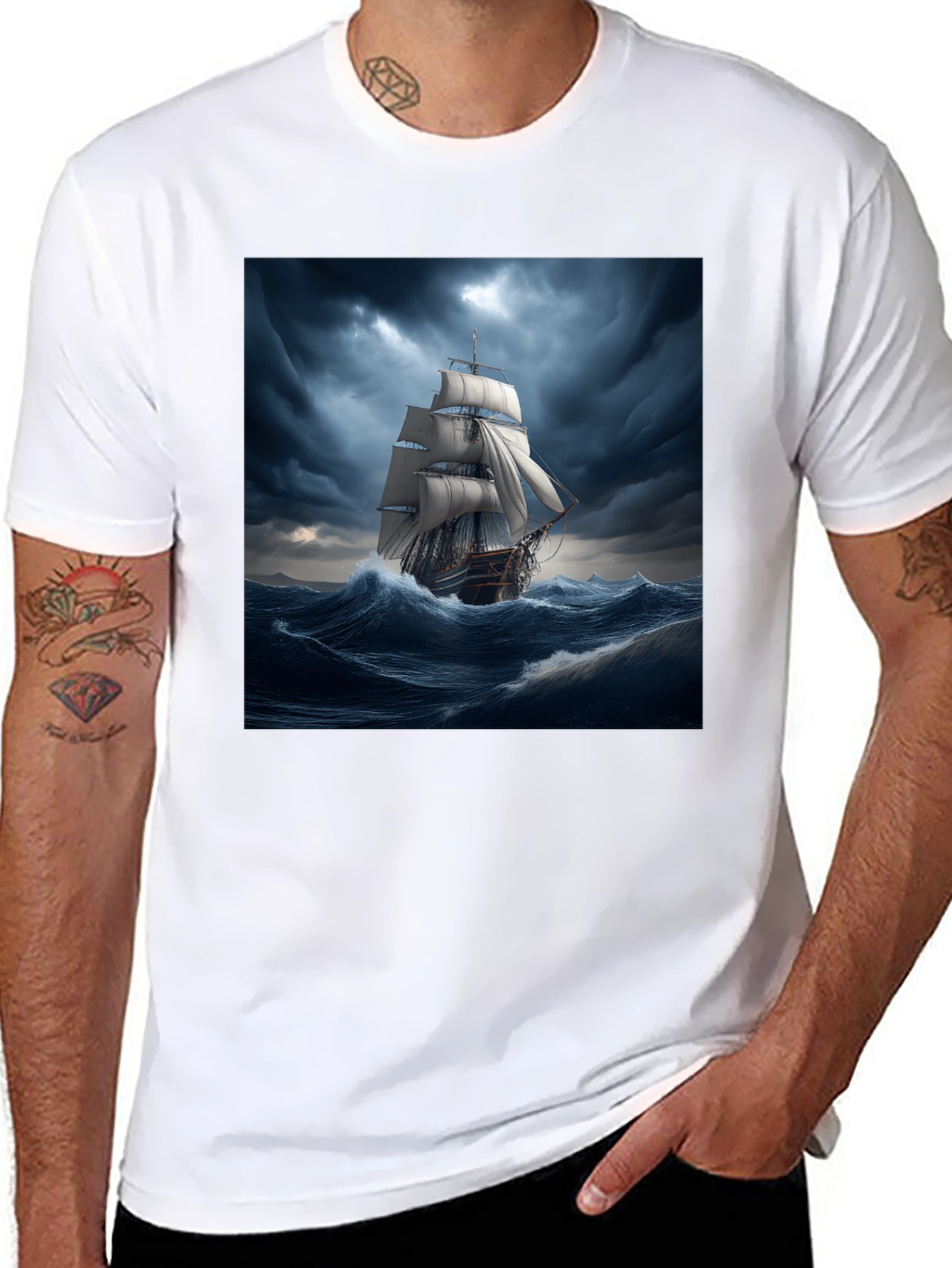 Black Nautical Storm Ship Graphic Tee - Black Cotton Blend view 8