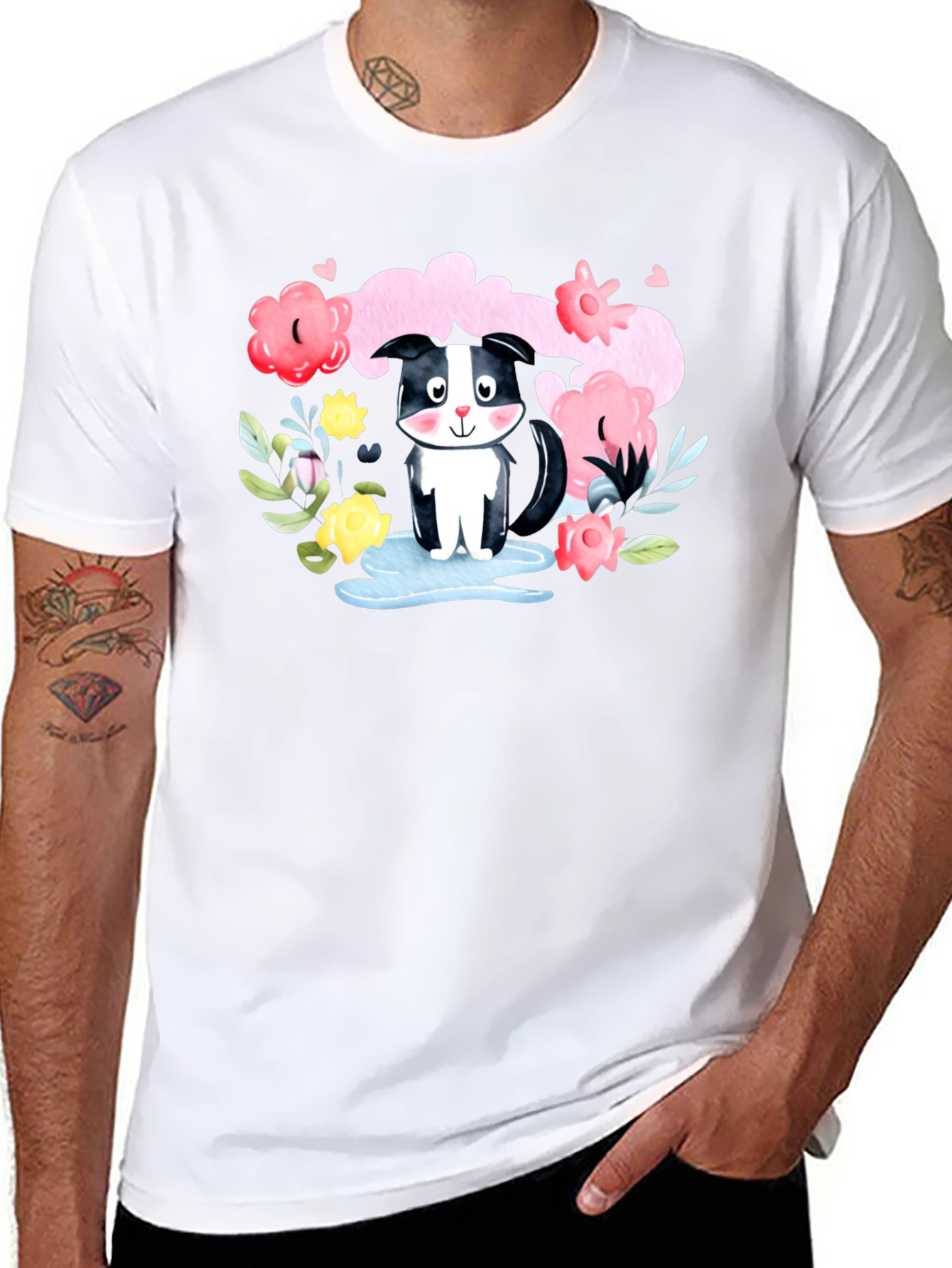 Black Cute Skunk in Watercolor Floral T-Shirt view 8