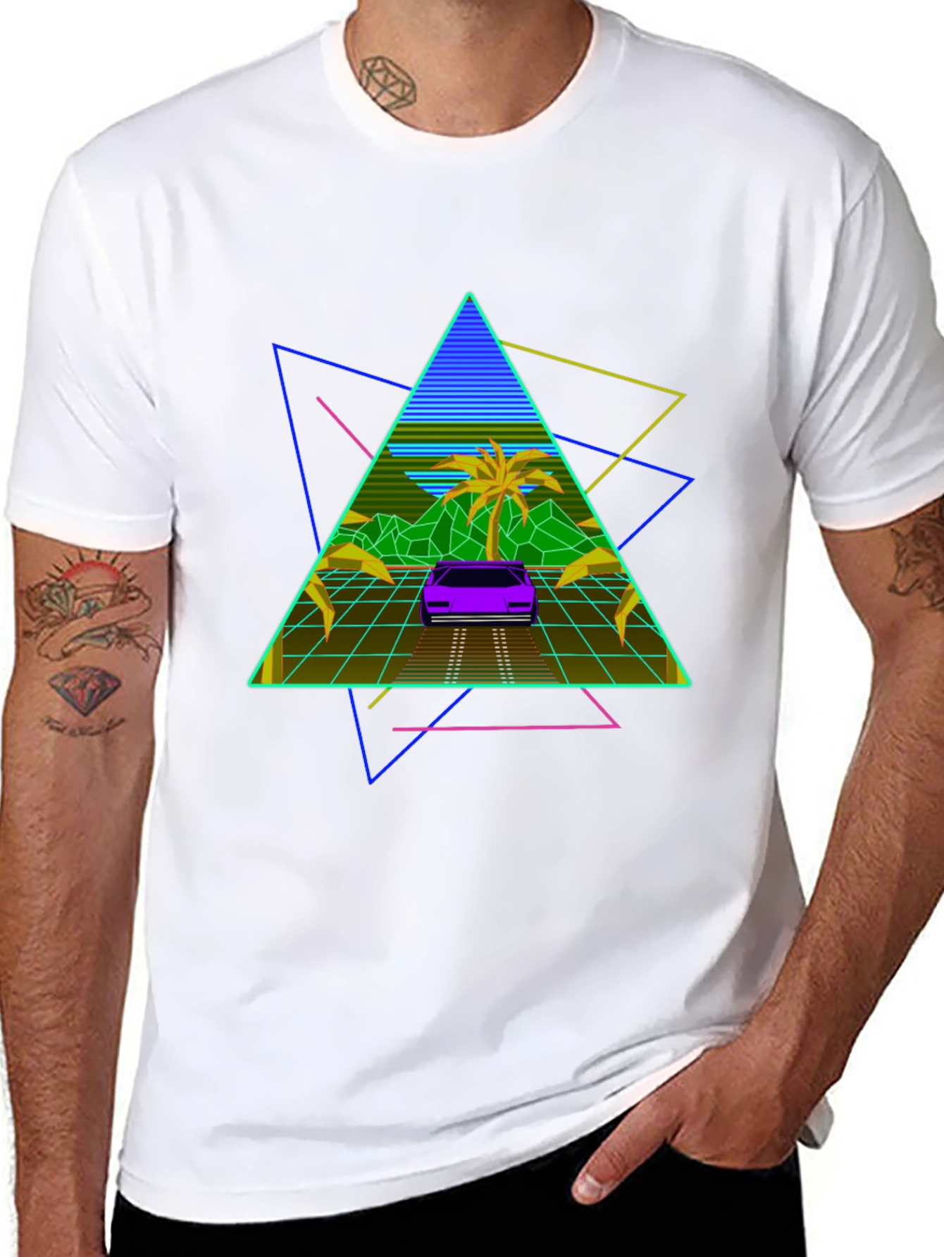 Black Retro Wave T-Shirt: 80s Style Car & Triangle Design view 8