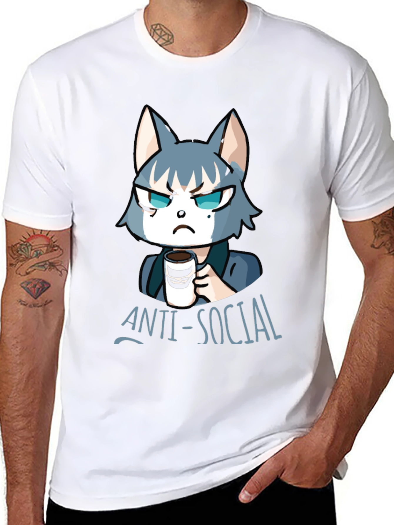 Black Anti-Social Wolf Graphic Tee - Coffee Lover T-Shirt view 8