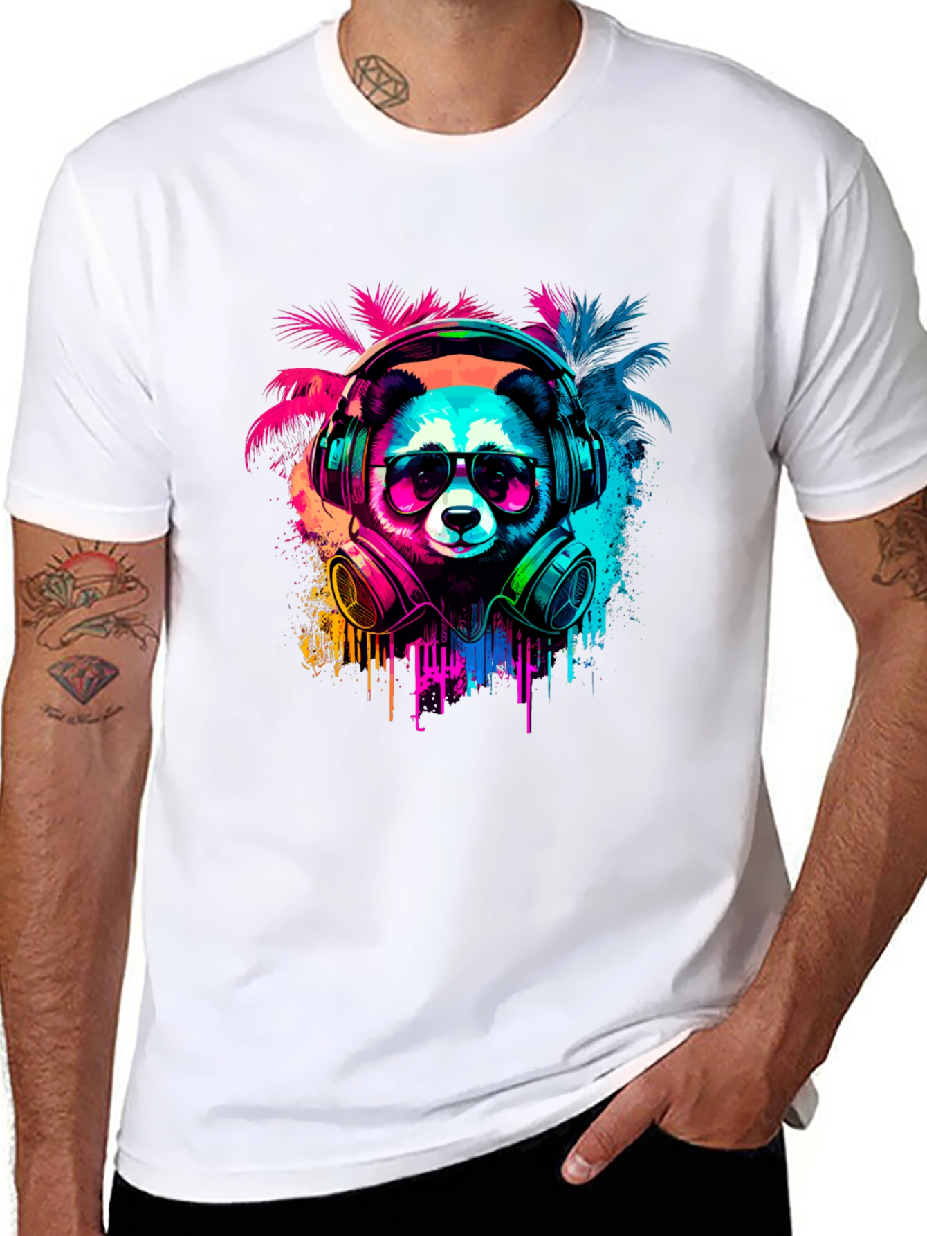 Black Neon Panda Headphones Graphic Tee view 8