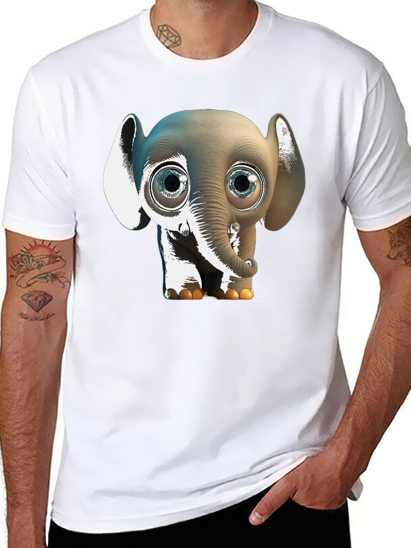 Black Cute Cartoon Elephant Graphic Tee - Black Cotton Comfort view 8