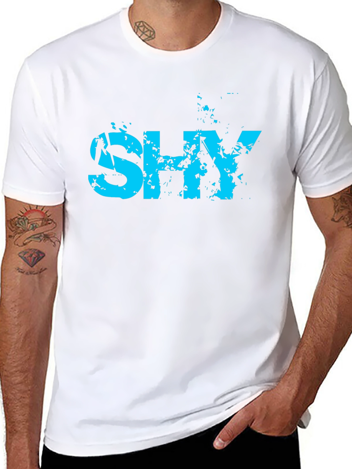 Black Men's "Shy" Graphic T-Shirt - Edgy Blue Print view 8