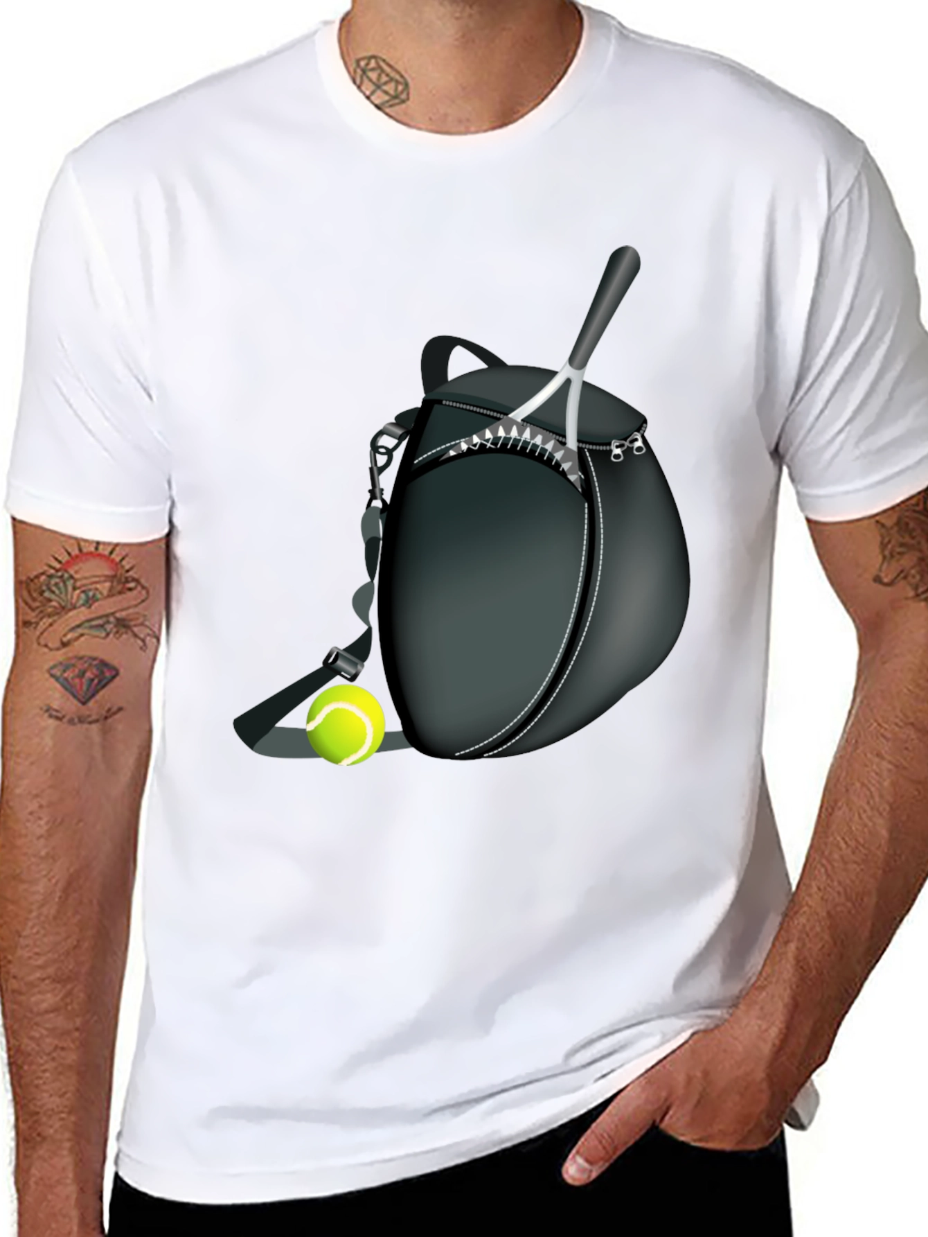 Black Tennis Racket & Ball Graphic Tee - Sporty Casual Style view 8