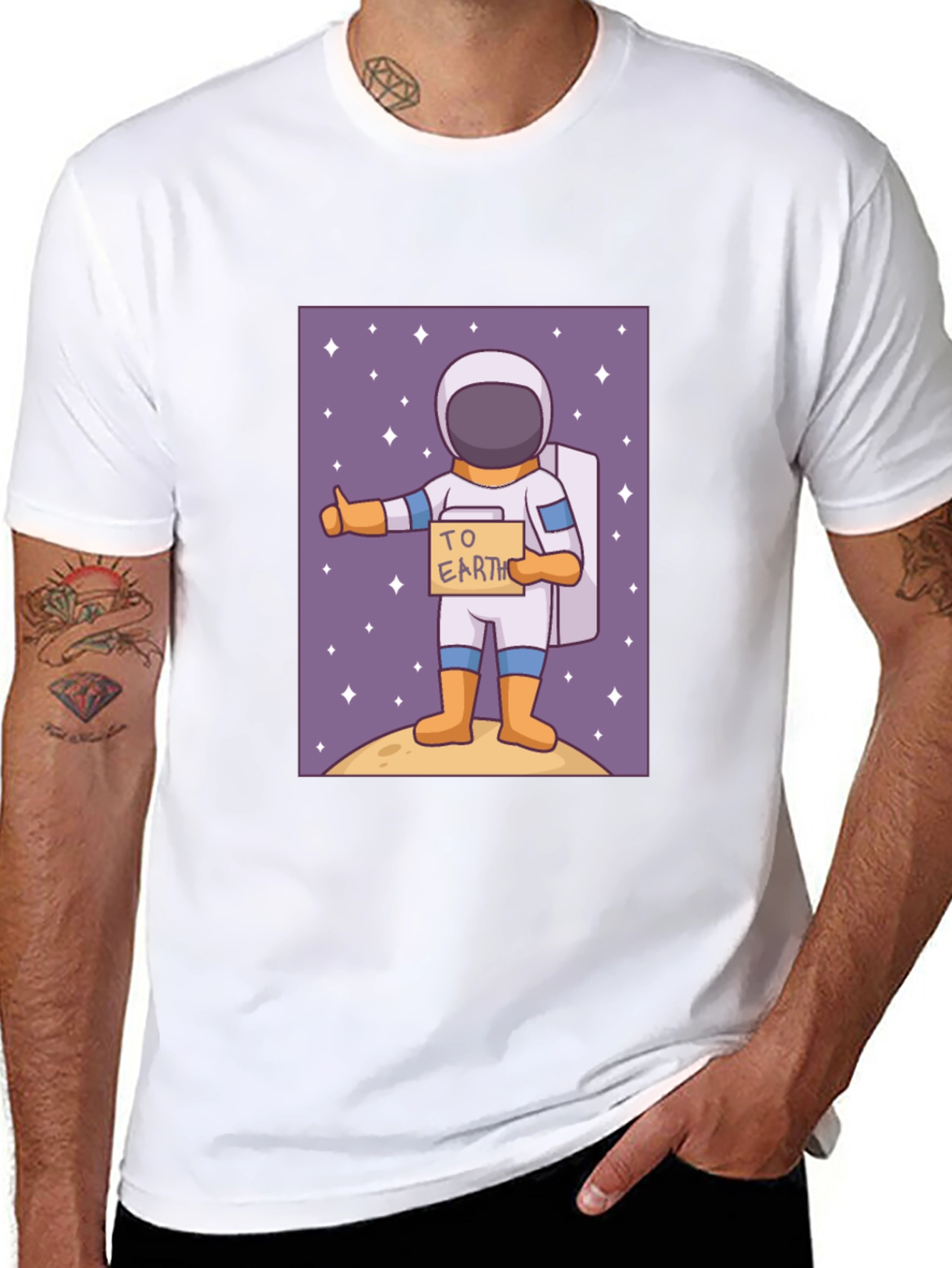 Black Astronaut Hitchhiking T-Shirt - To Earth Cartoon Tee view 8