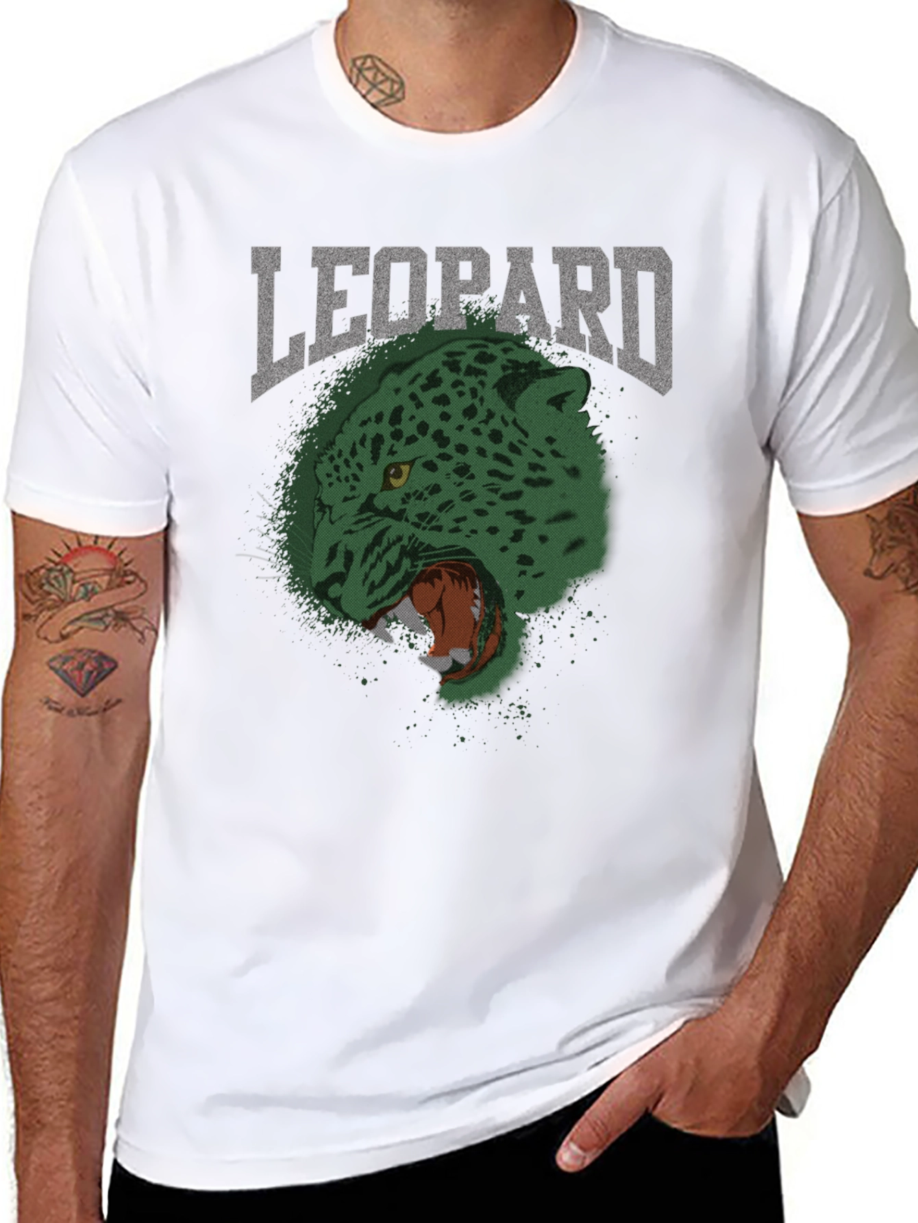 Black Men's Leopard Graphic Print Crew Neck T-Shirt view 8
