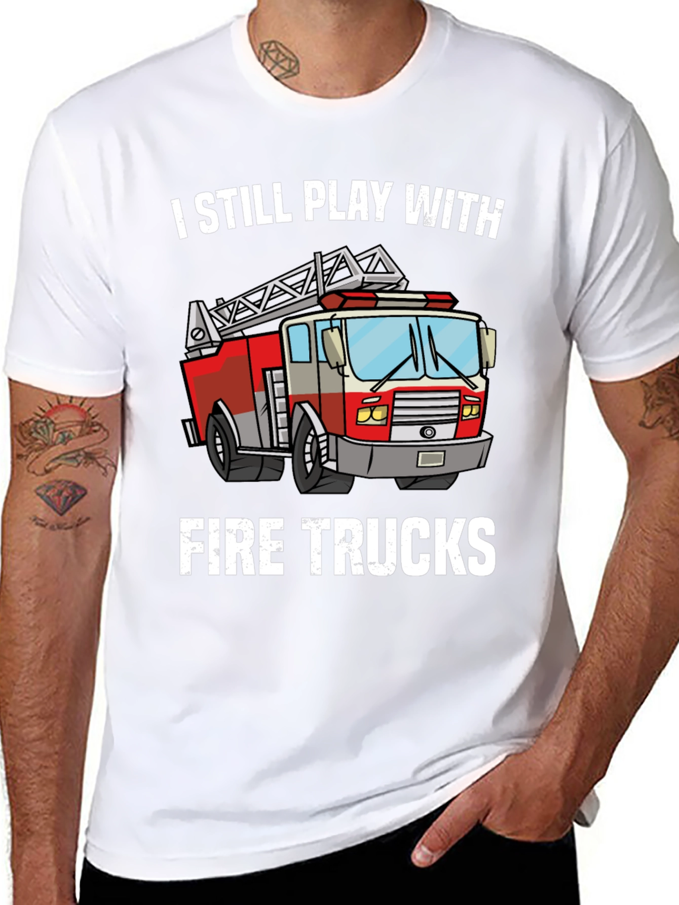 Black I Still Play With Fire Trucks T-Shirt view 8