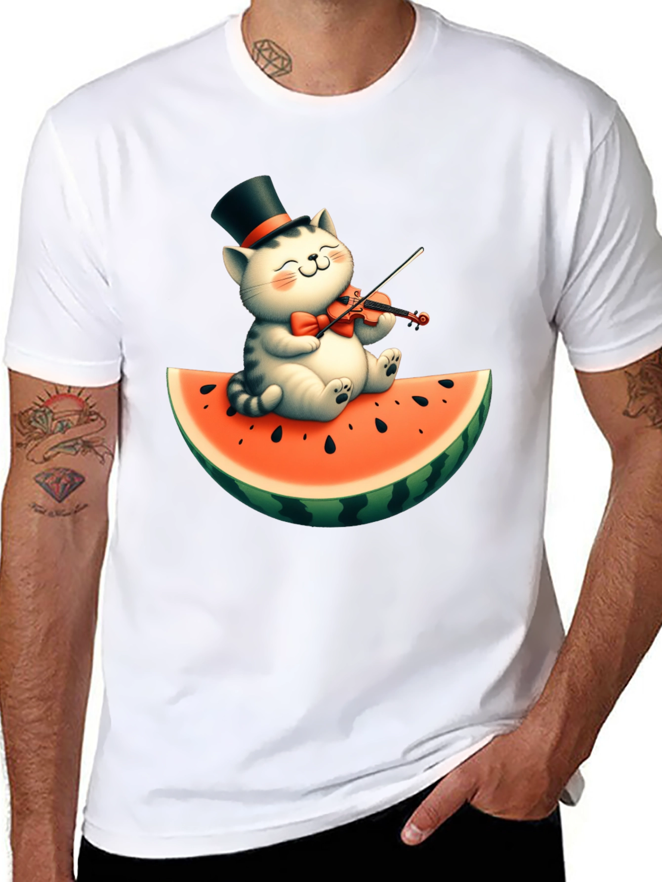 Black Cat Playing Violin on Watermelon Graphic Tee view 8