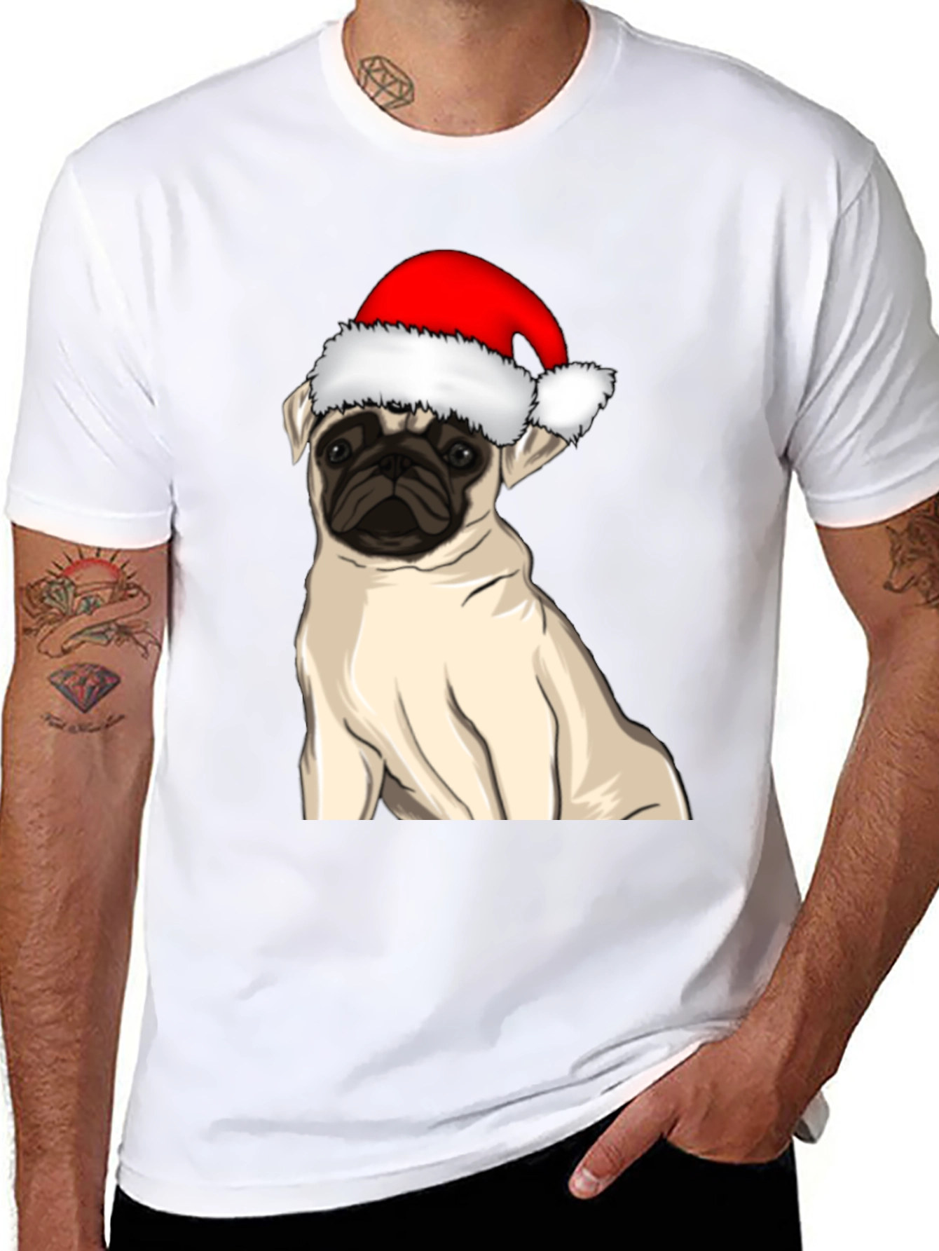 Black Pug in Santa Hat Graphic Tee view 8