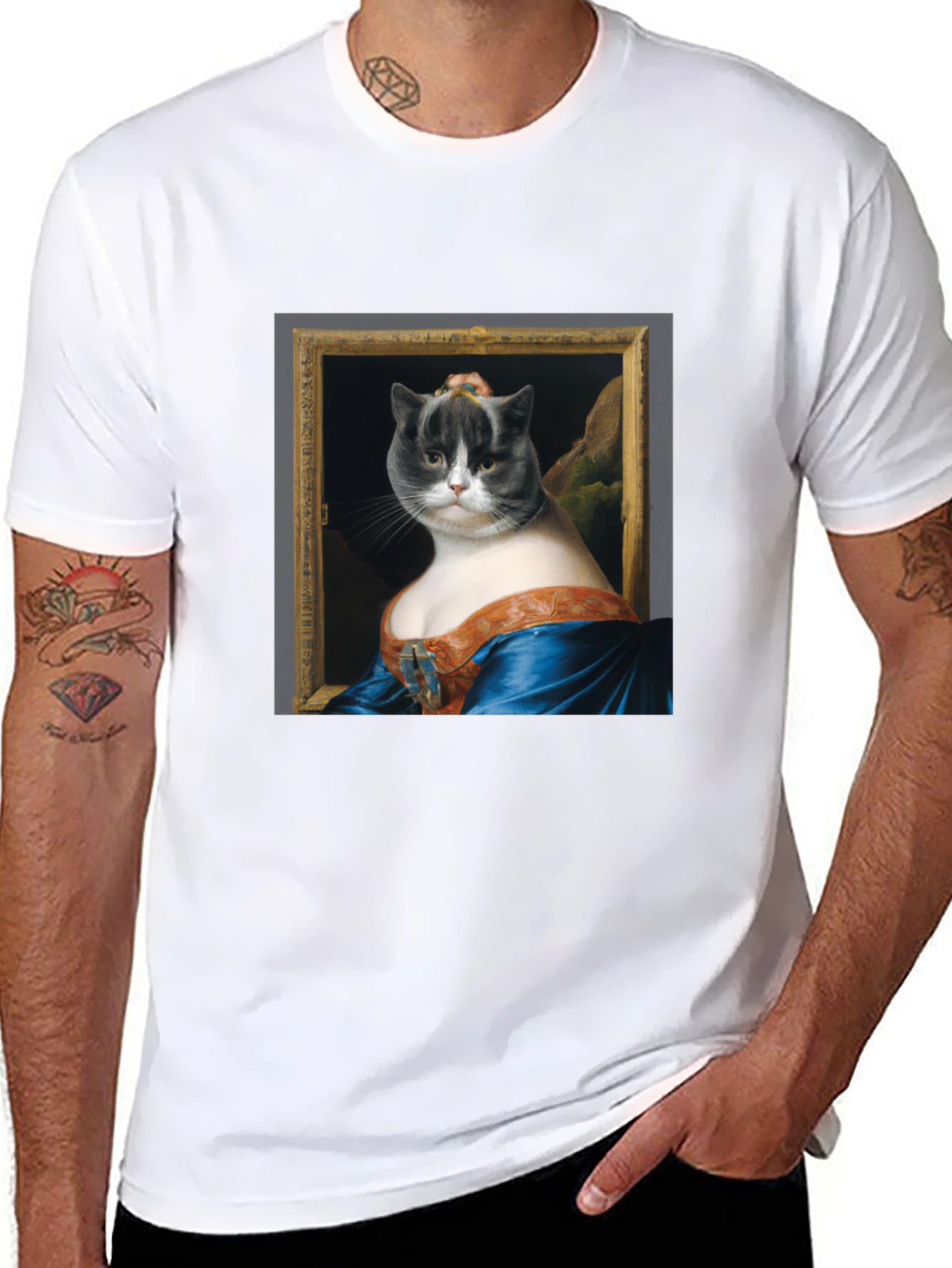 Black Mona Lisa Cat Portrait Graphic Tee - Black Cotton T-Shirt view 8