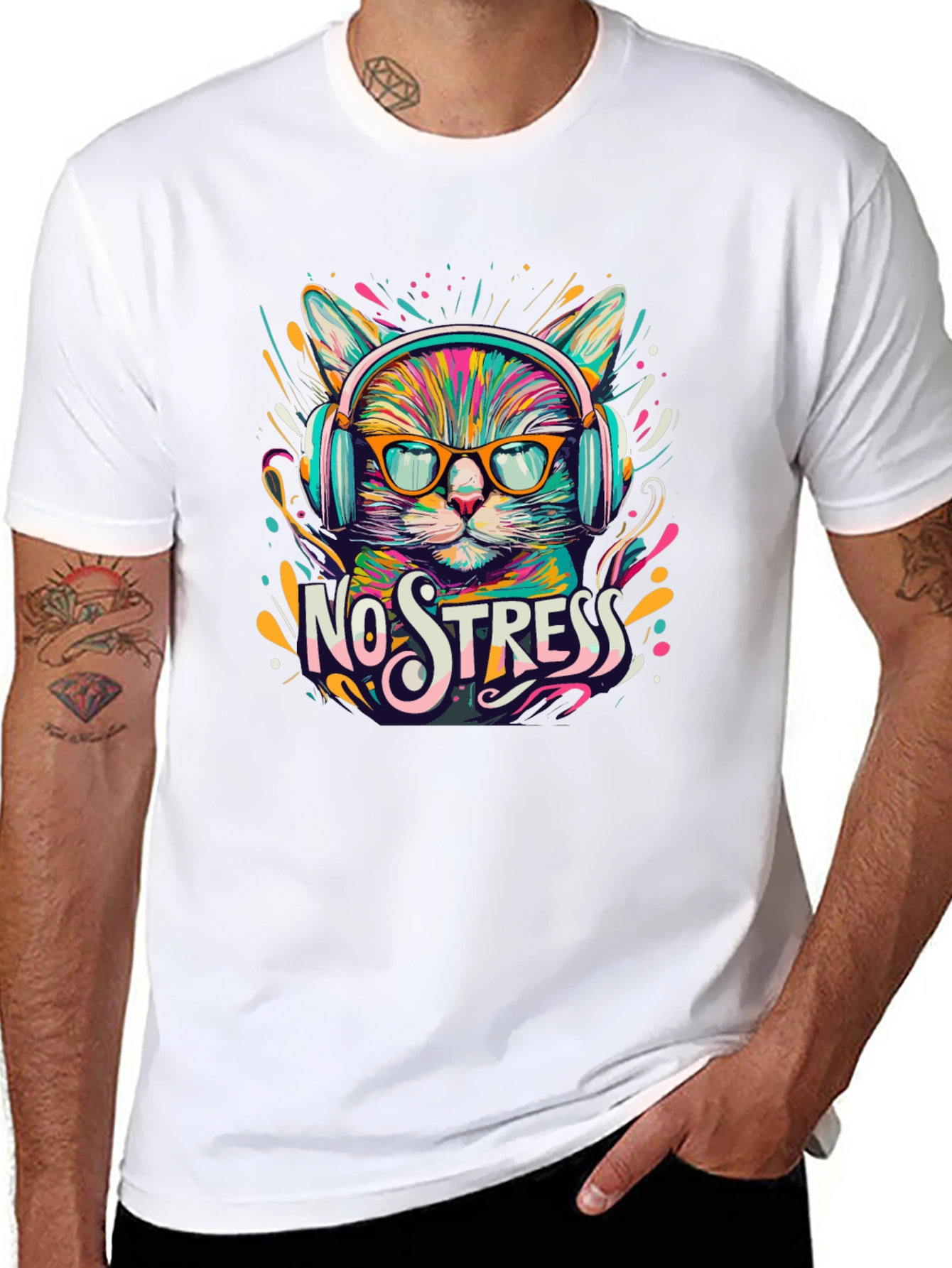 Black No Stress Cat T-Shirt view 8