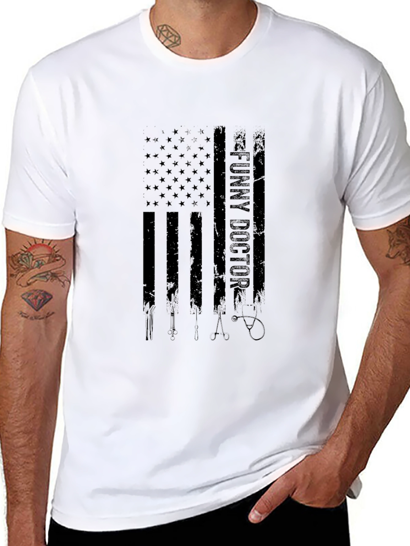 Black Funny Doctor American Flag Black T-Shirt view 8