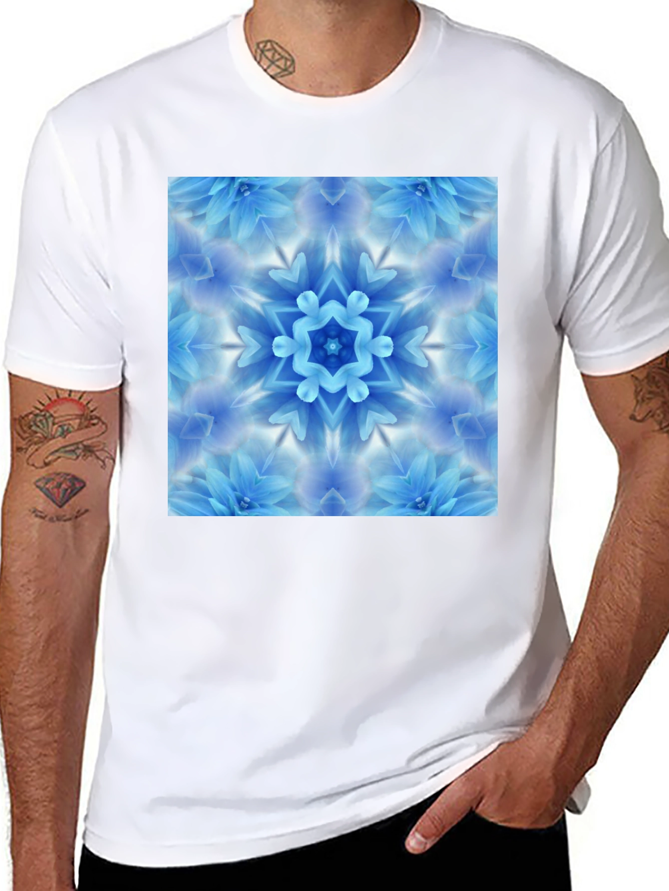 Black Black Tee with Blue Flower Mandala Graphic view 8